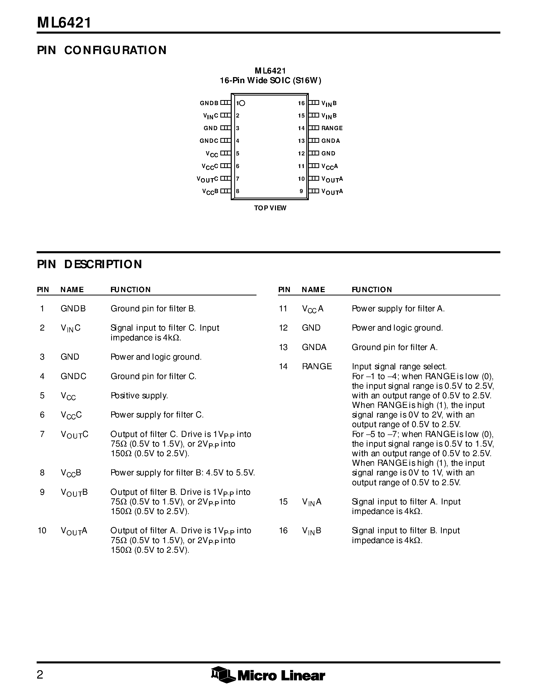 Datasheet ML6421CS-3 - Triple Phase and Sinx/x Equalized / Low-Pass Video Filter page 2