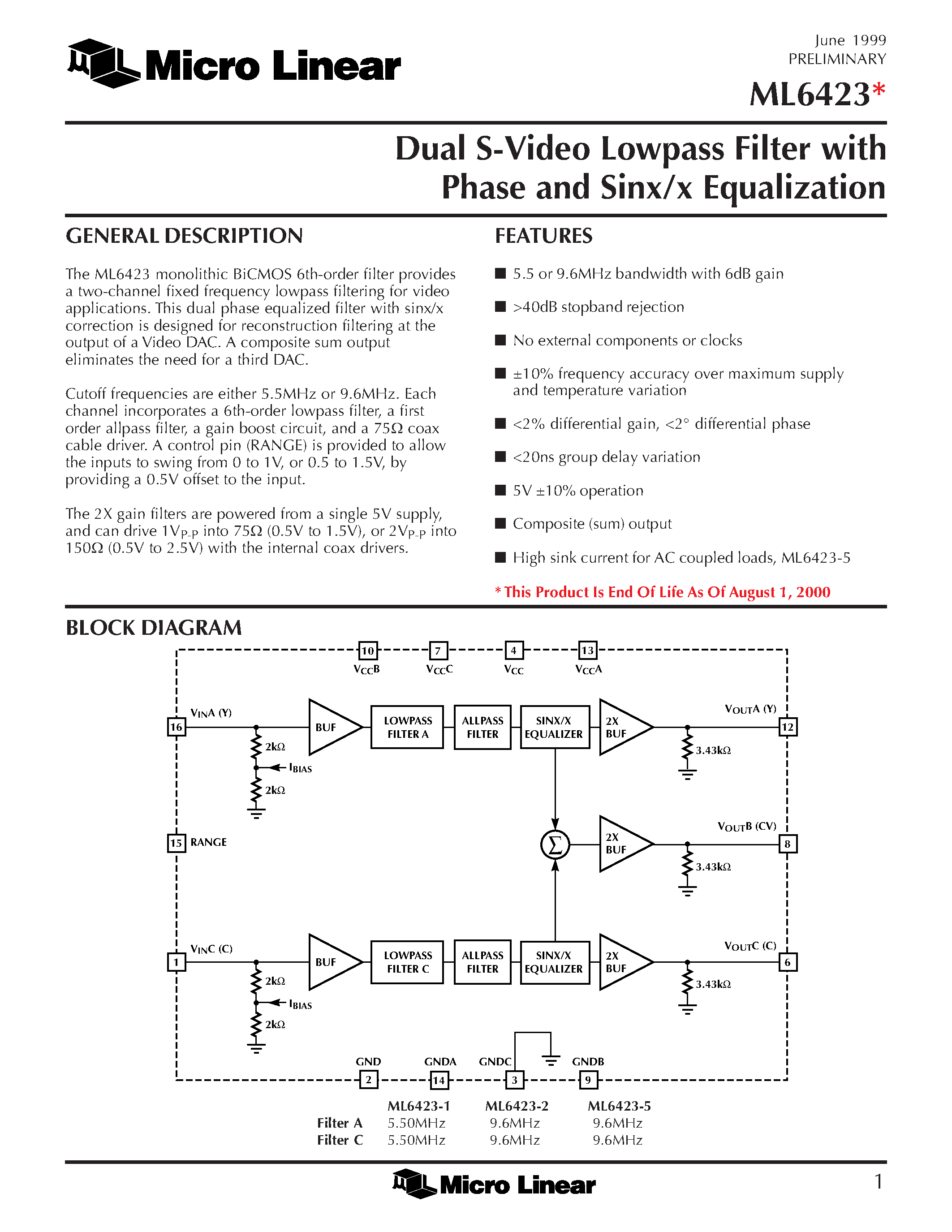 Datasheet ML6423 - Dual S-Video Lowpass Filter with Phase and Sinx/x Equalization page 1
