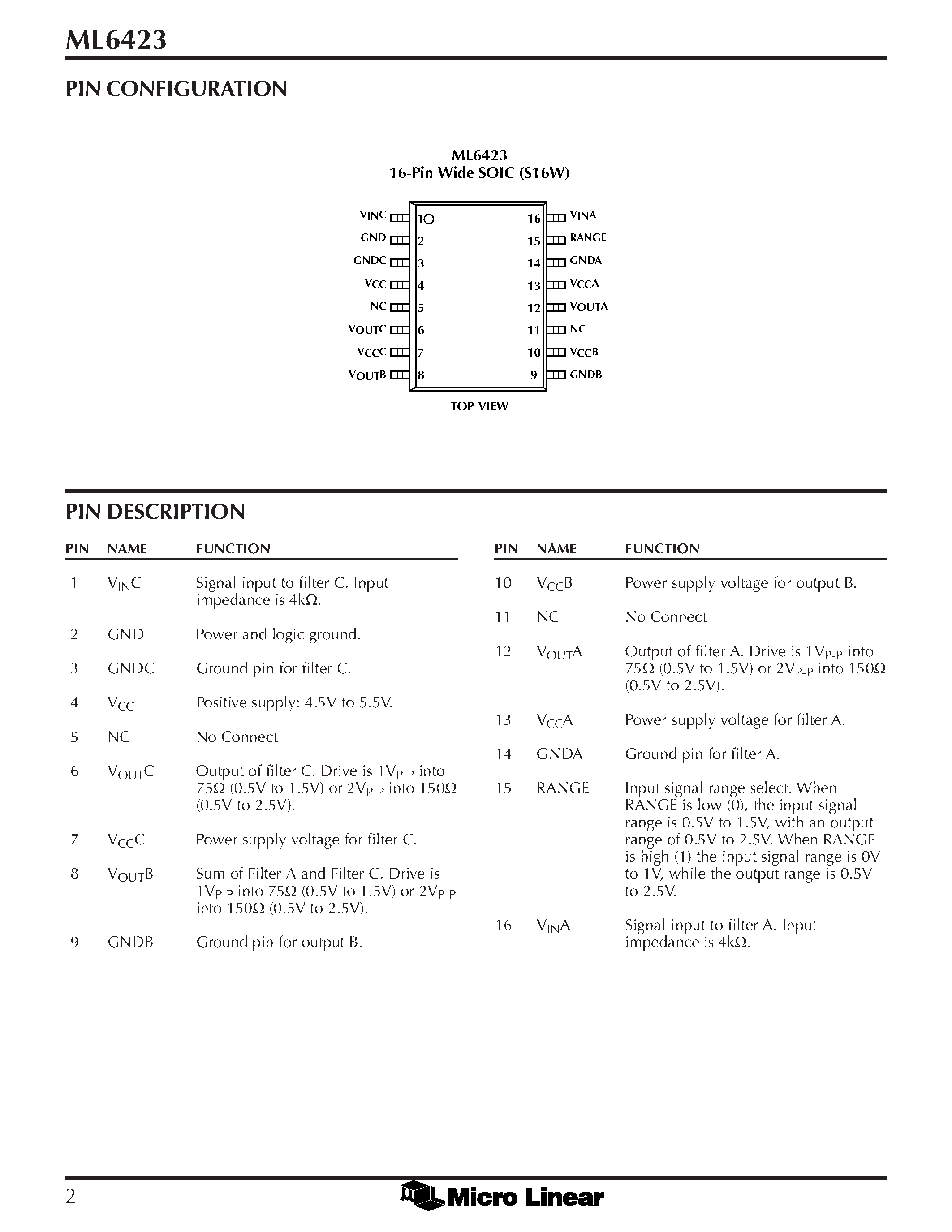 Datasheet ML6423CS-5 - Dual S-Video Lowpass Filter with Phase and Sinx/x Equalization page 2