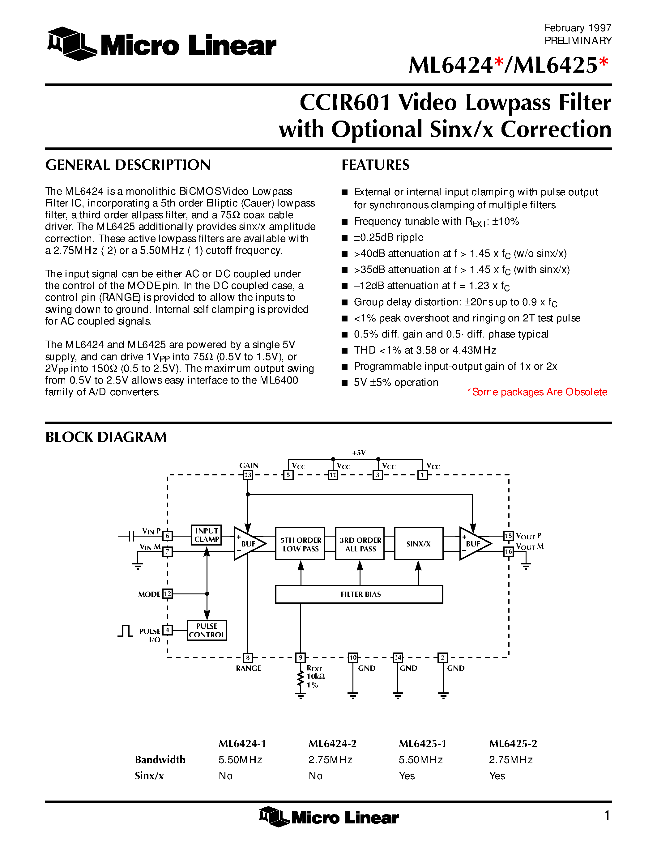 Datasheet ML6424 - CCIR601 Video Lowpass Filter with Optional Sinx/x Correction page 1