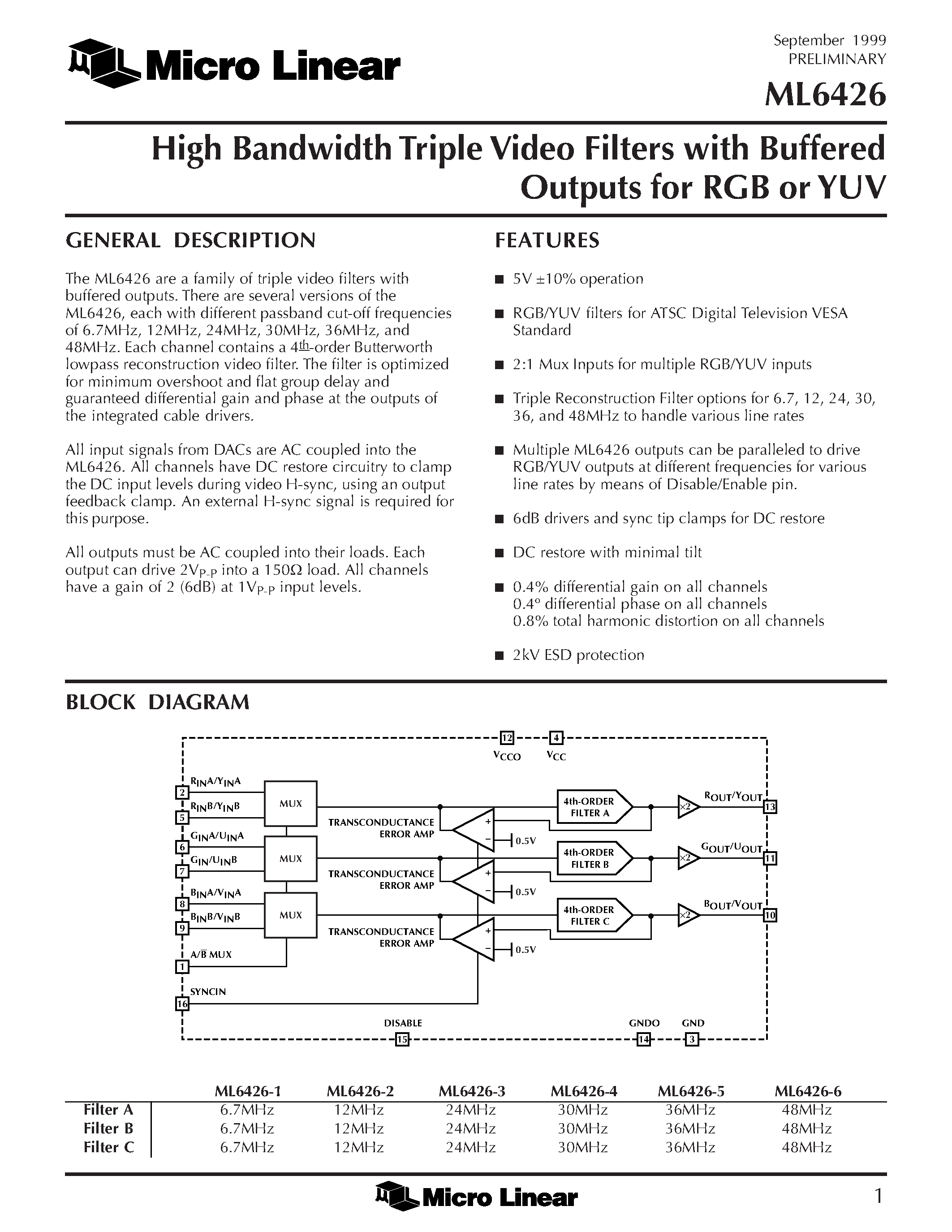 Datasheet ML6426CS-1 page 1 Datasheet ML6426CS-1 - High Bandwidth Triple Video Filters with Buffered Outputs for RGB or YUV page 1