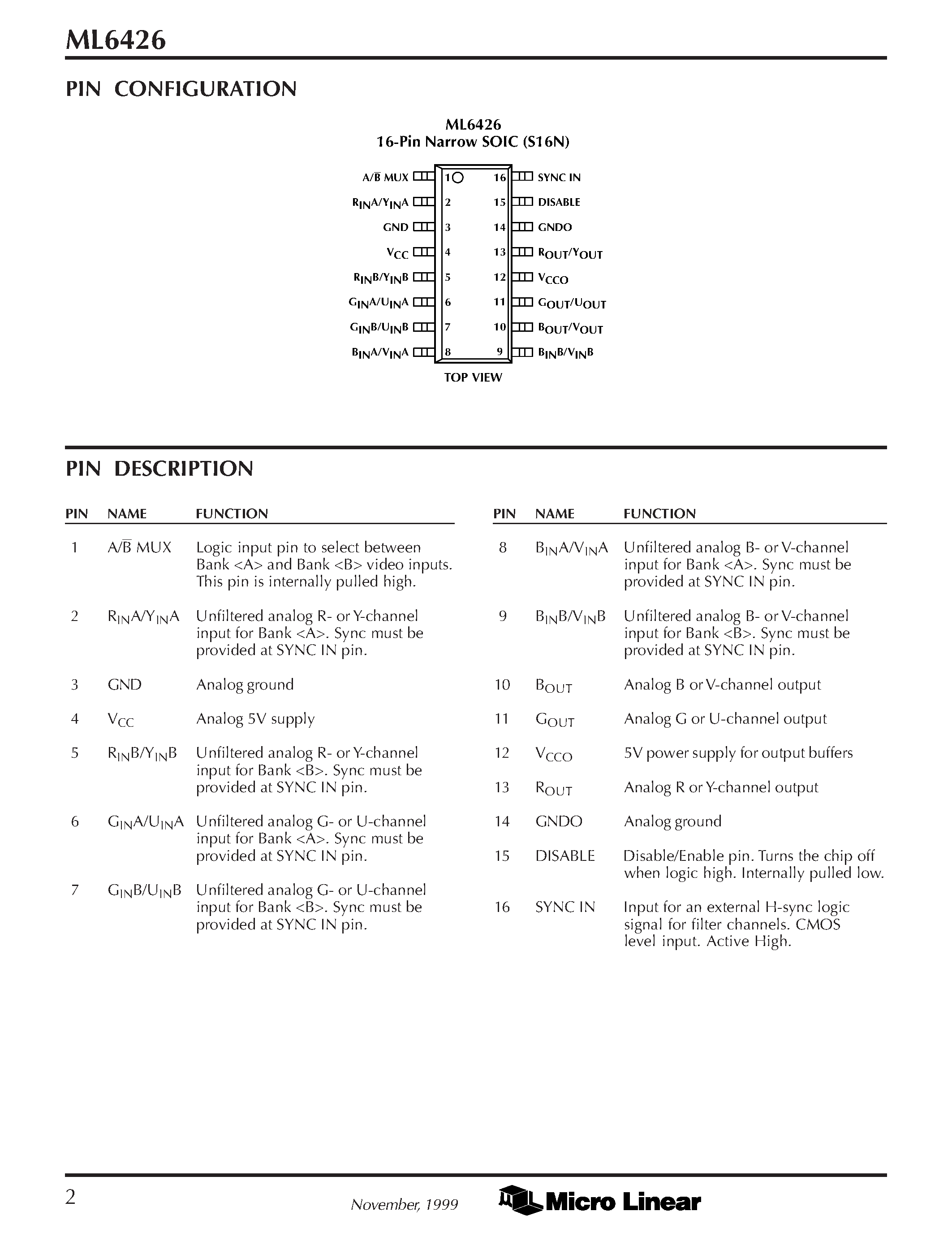 Datasheet ML6426CS-3 - High Bandwidth Triple Video Filters with Buffered Outputs for RGB or YUV page 2
