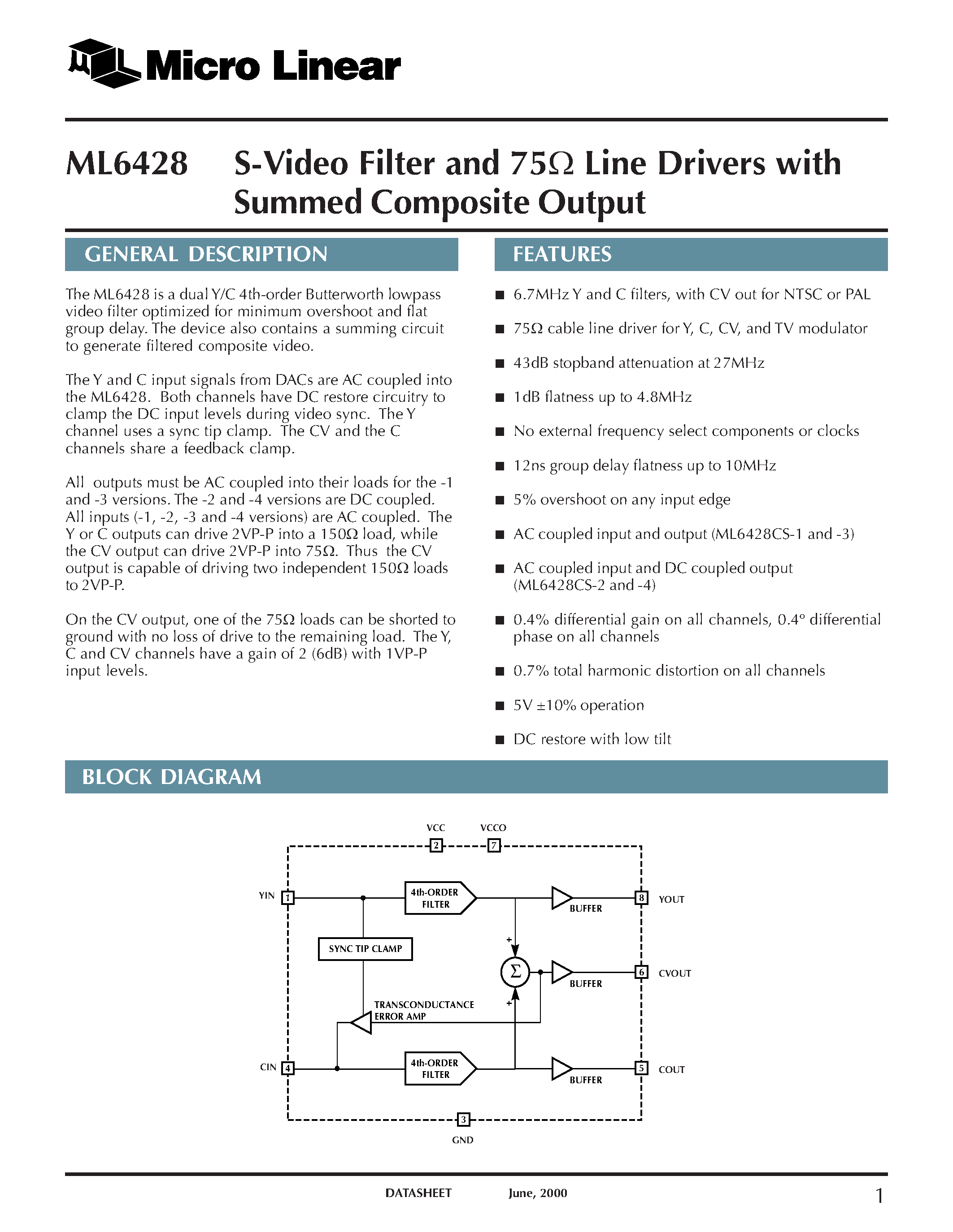 Datasheet ML6428 - S-Video Filter and 75 Line Drivers with Summed Composite Output page 1