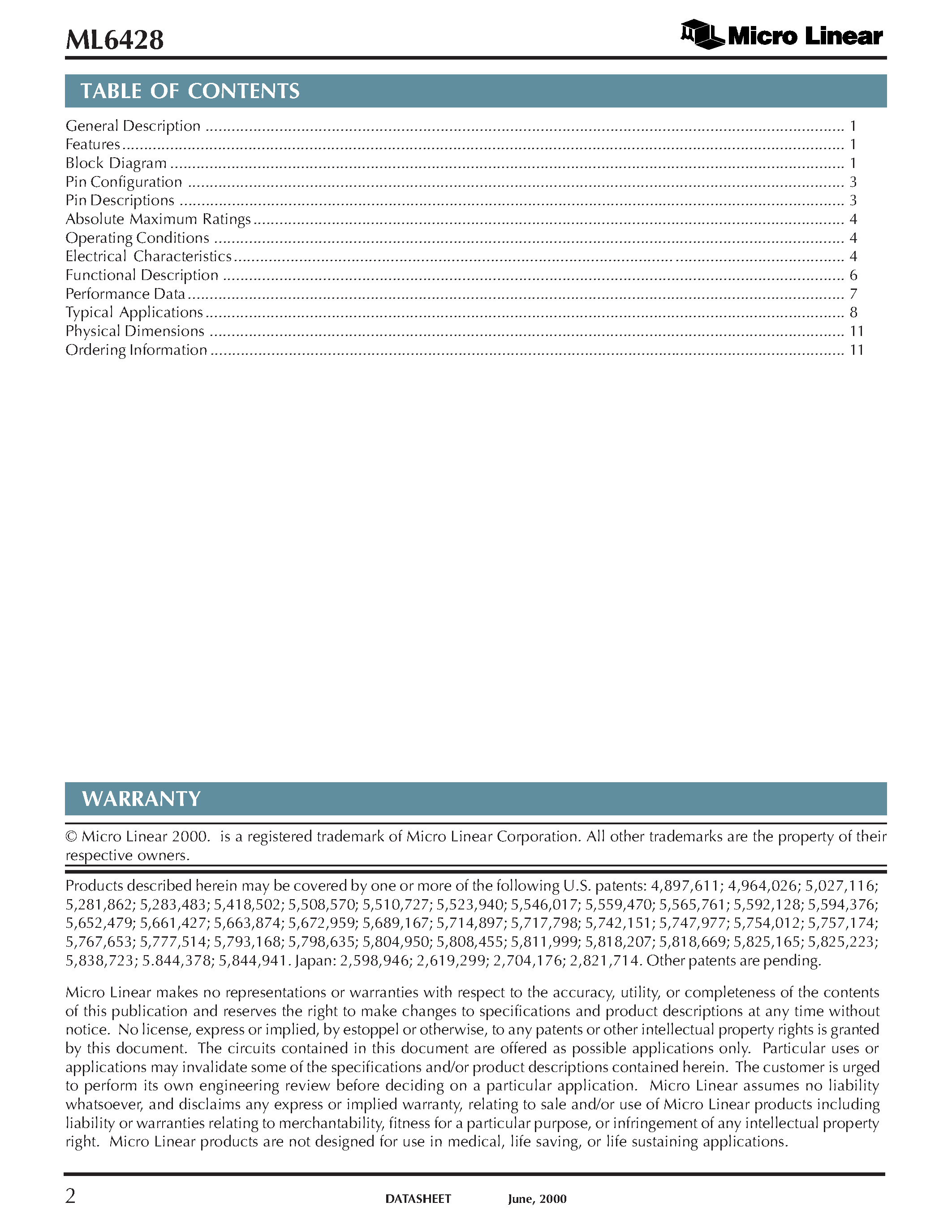 Datasheet ML6428CS-4 page 2 Datasheet ML6428CS-4 - S-Video Filter and 75 Line Drivers with Summed Composite Output page 2
