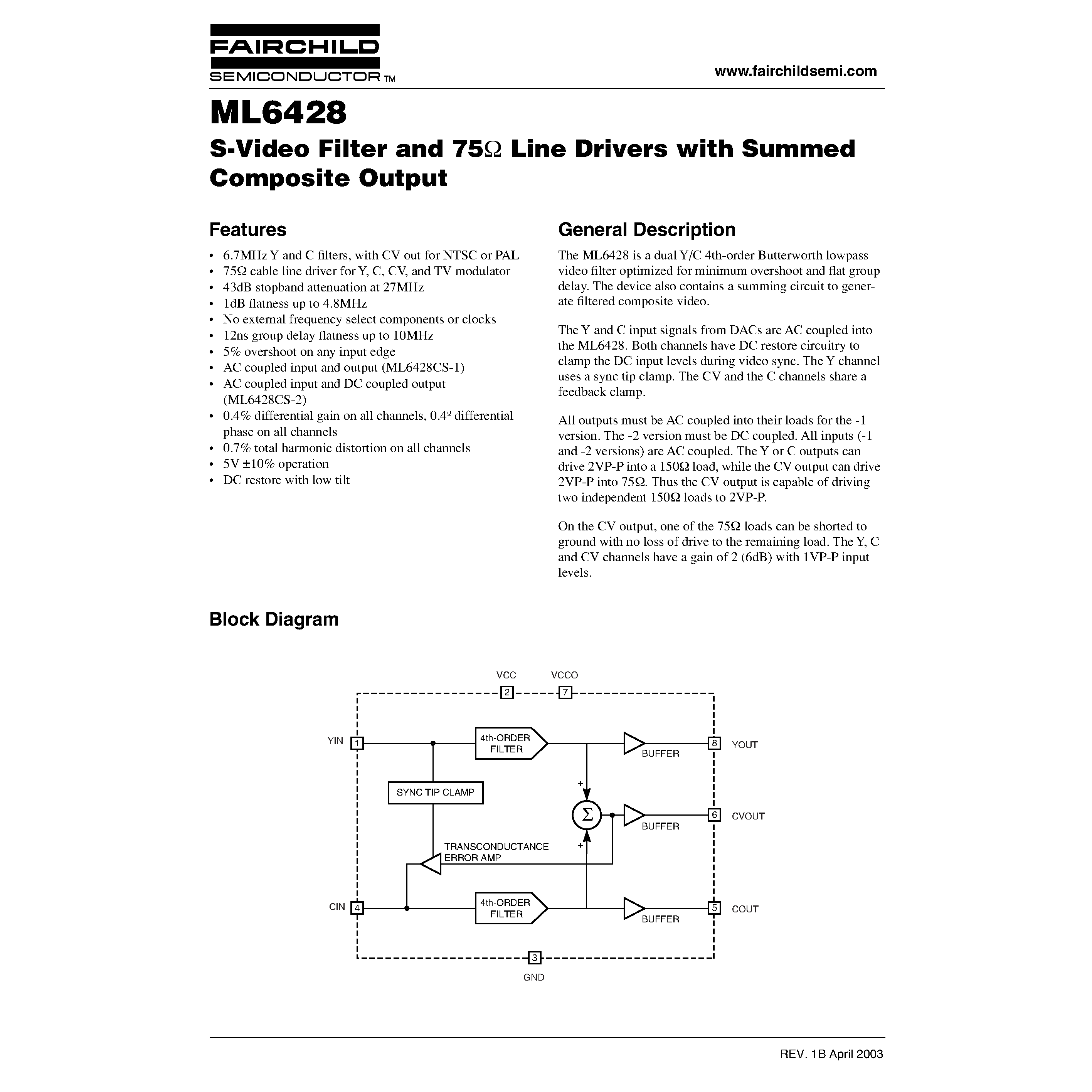 Datasheet ML6428CS2 - S-Video Filter and 75 Line Drivers with Summed Composite Output page 1
