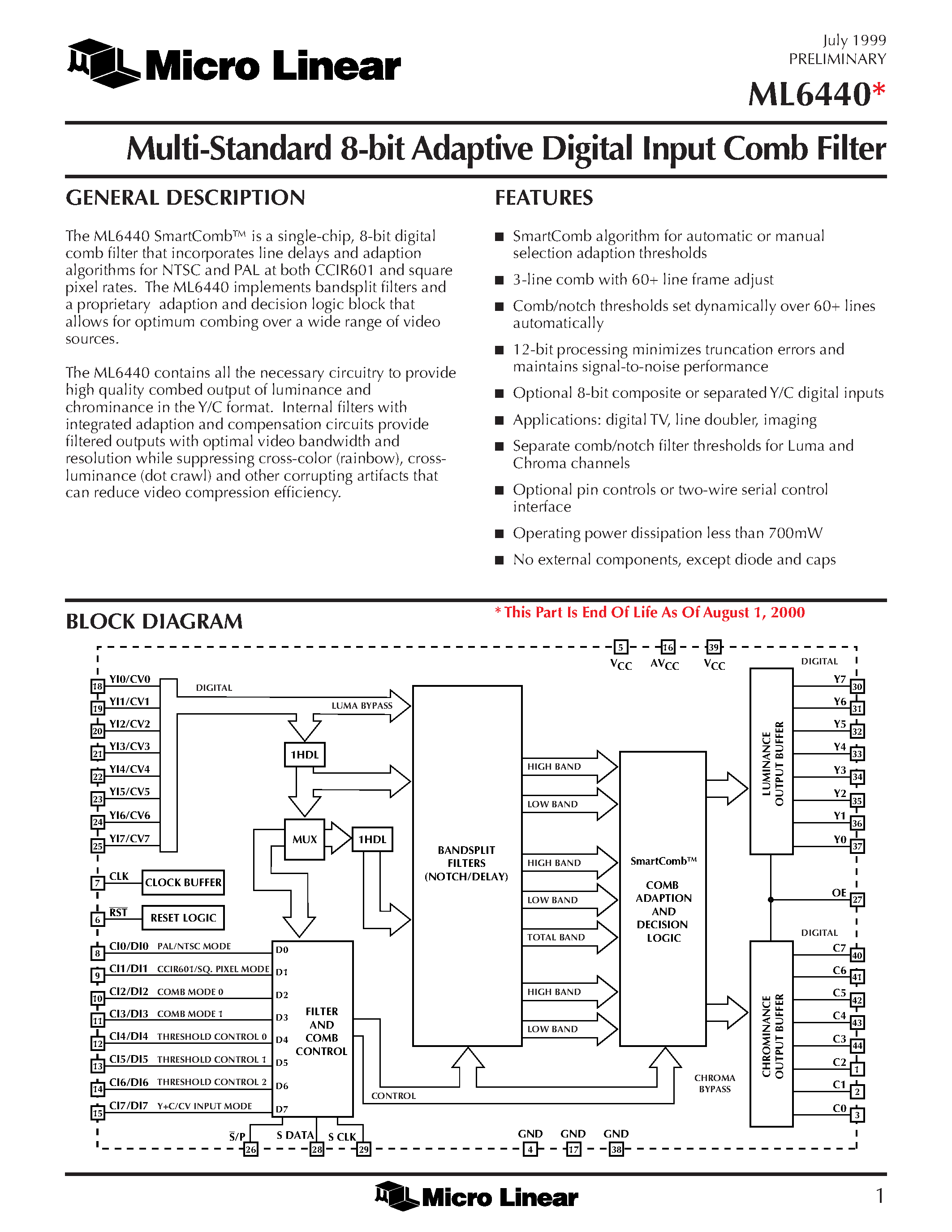 Даташит на микросхему ML6440 страница 1 Даташит ML6440 - Multi-Standard 8-bit Adaptive Digital Input Comb Filter страница 1