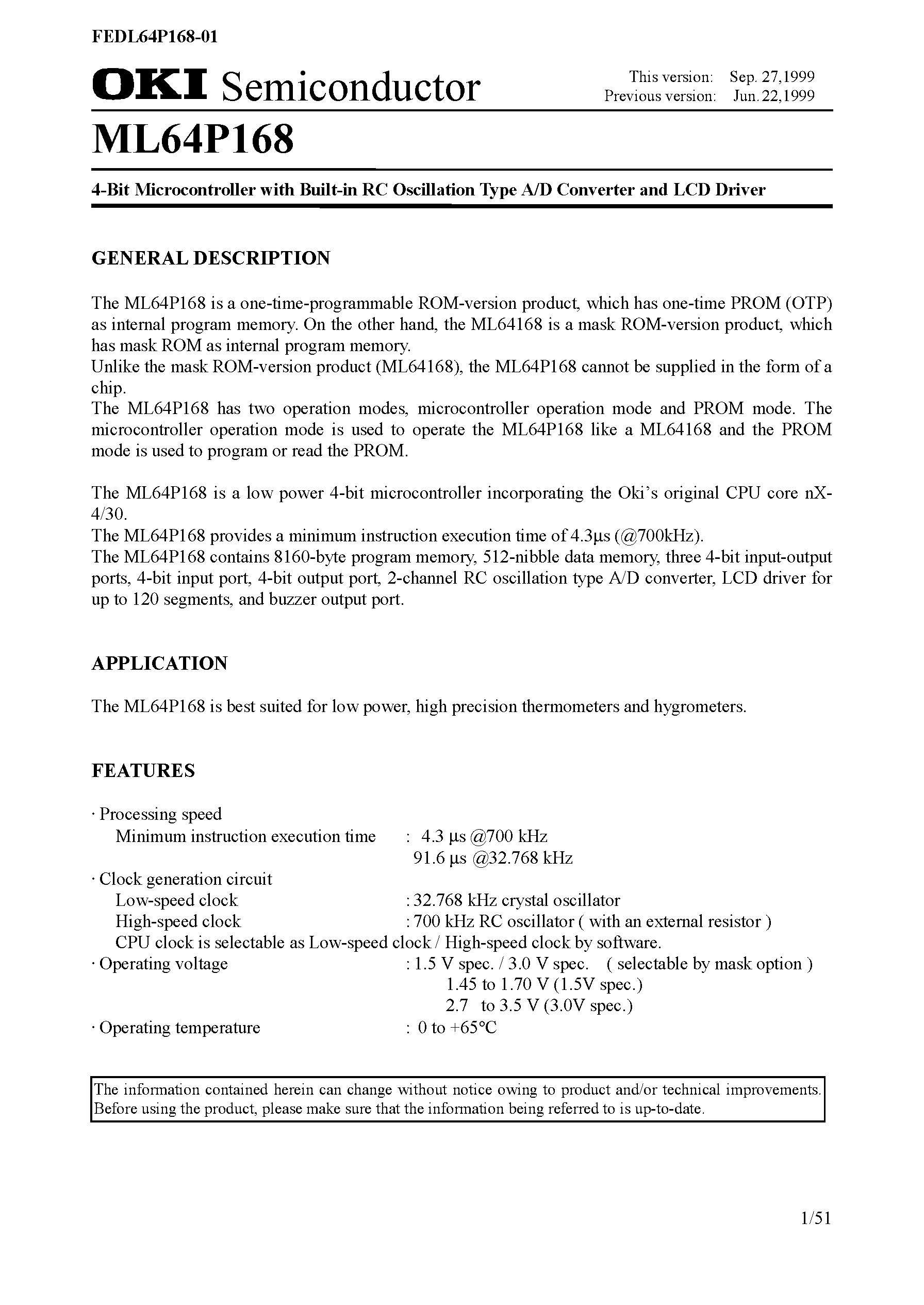 Datasheet ML64P168 - 4-Bit Microcontroller with Built-in RC Oscillation Type A/D Converter and LCD Driver page 1