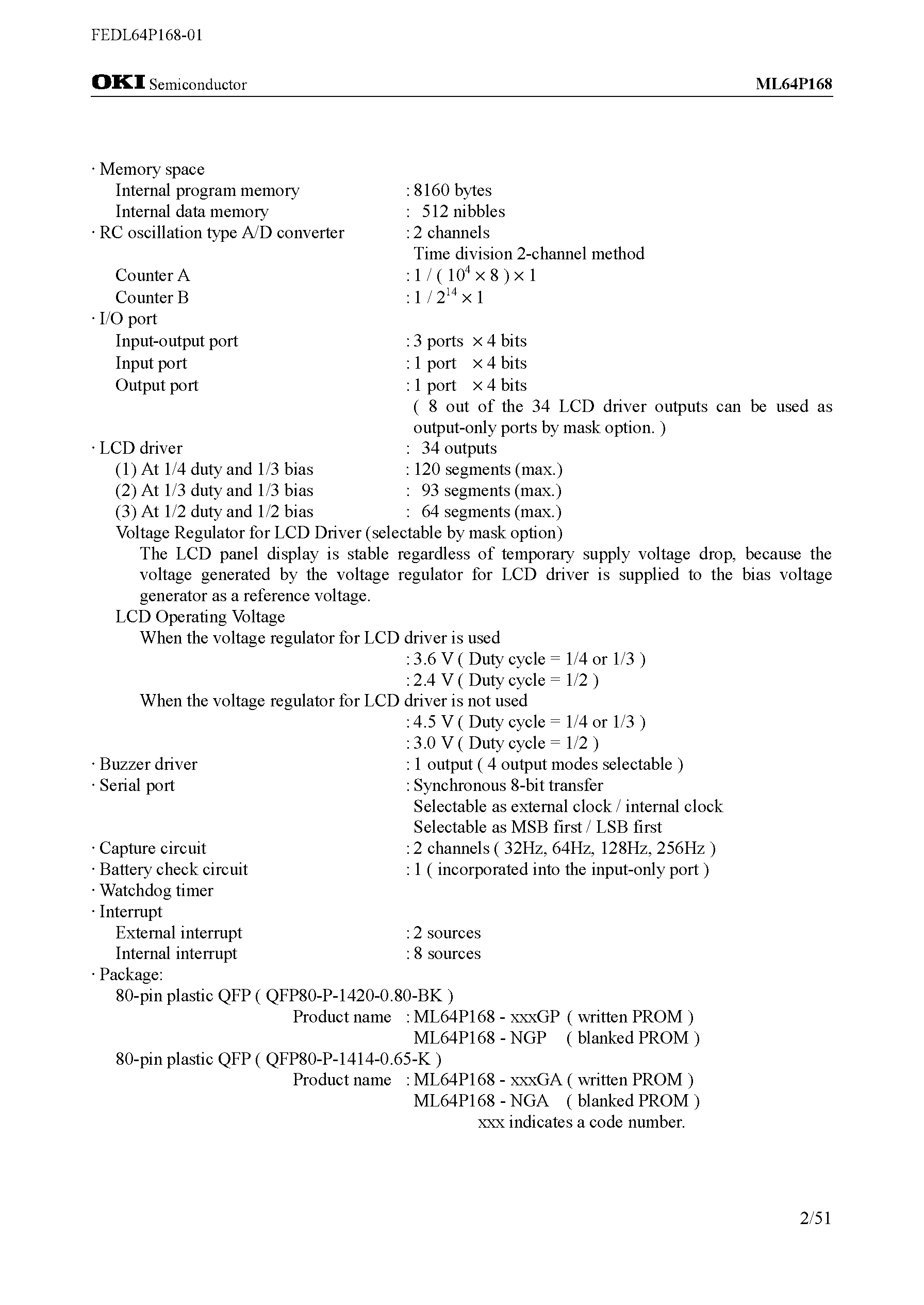Datasheet ML64P168 - 4-Bit Microcontroller with Built-in RC Oscillation Type A/D Converter and LCD Driver page 2