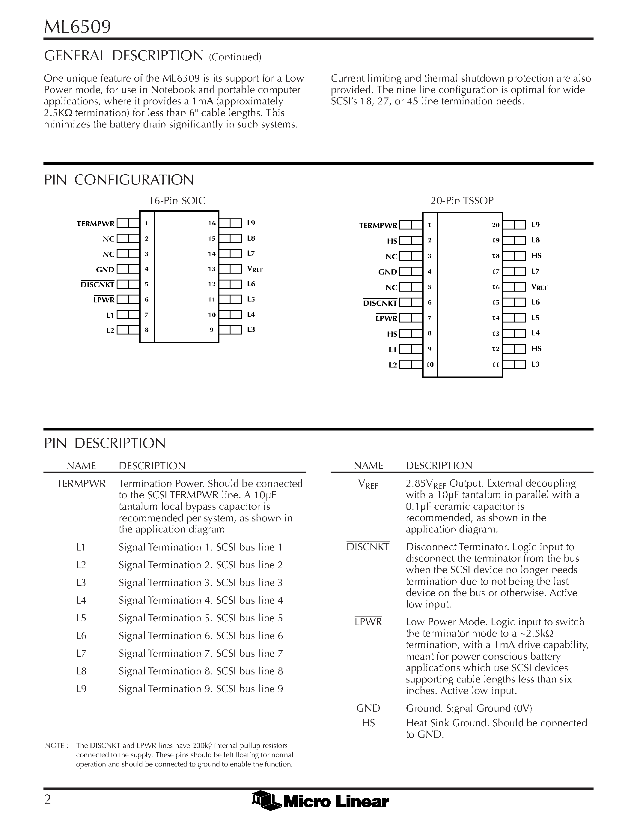 Даташит ML6509 - Active SCSI Terminator страница 2