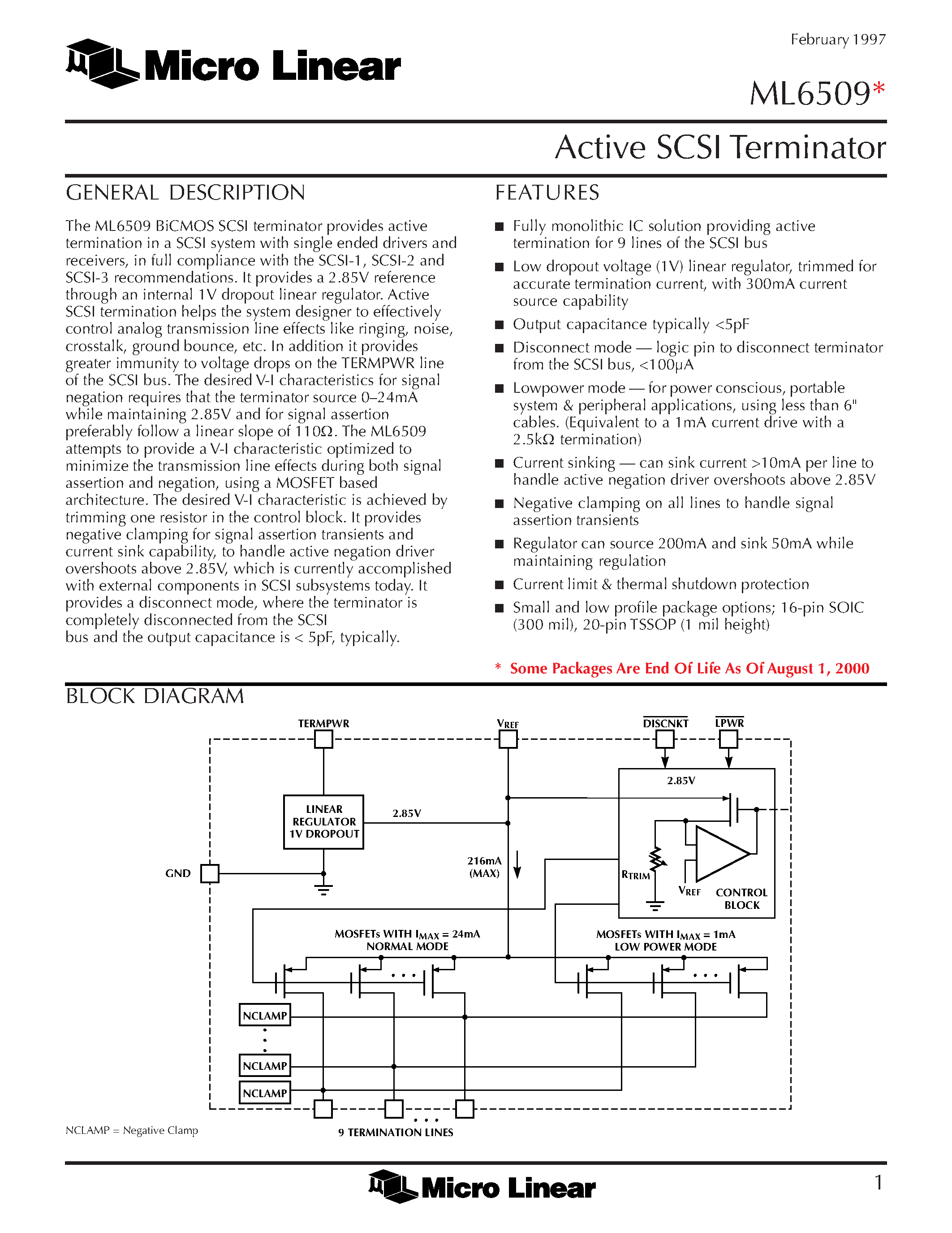 Даташит ML6509CT - Active SCSI Terminator страница 1