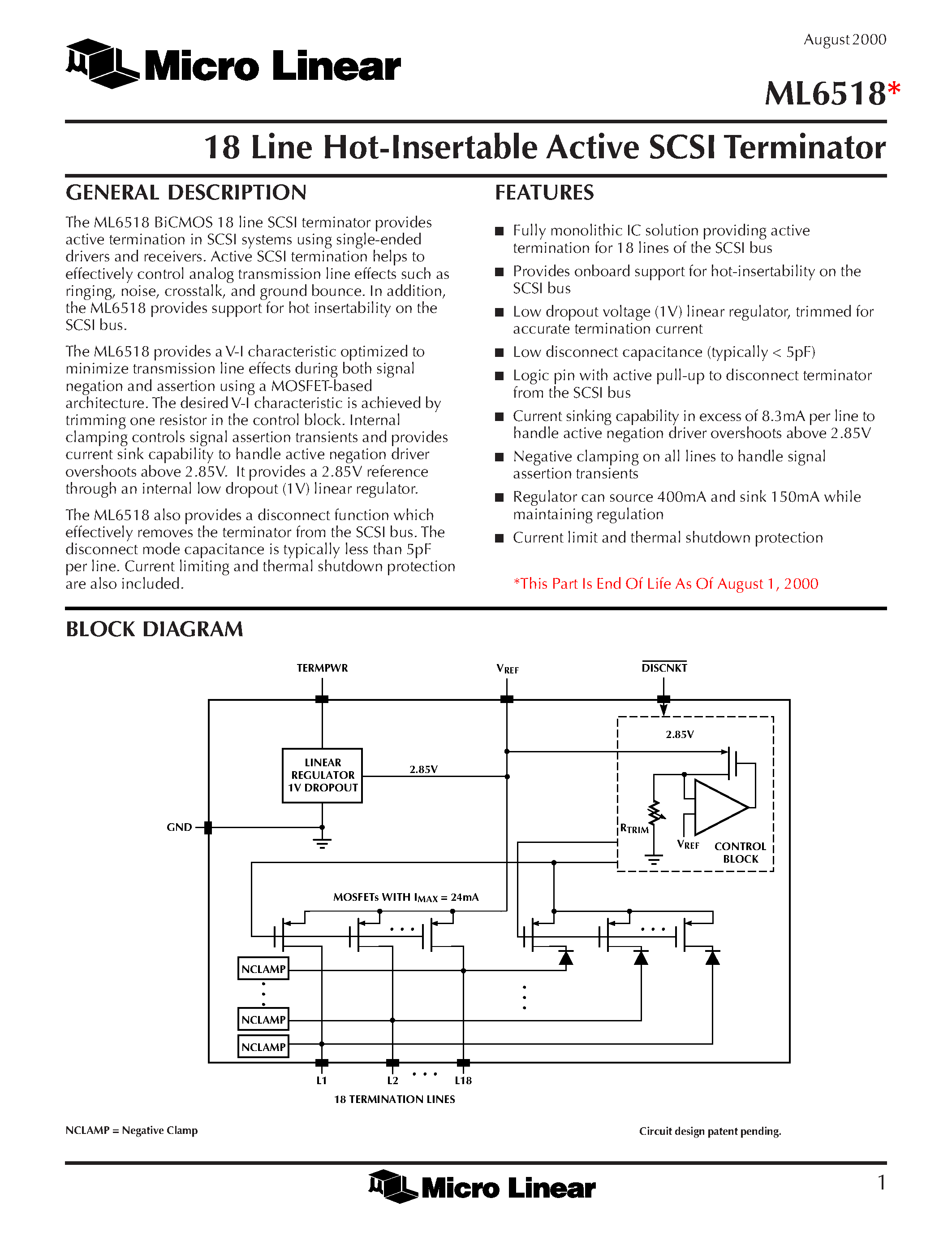 Даташит ML6518 - 18 Line Hot-Insertable Active SCSI Terminator страница 1