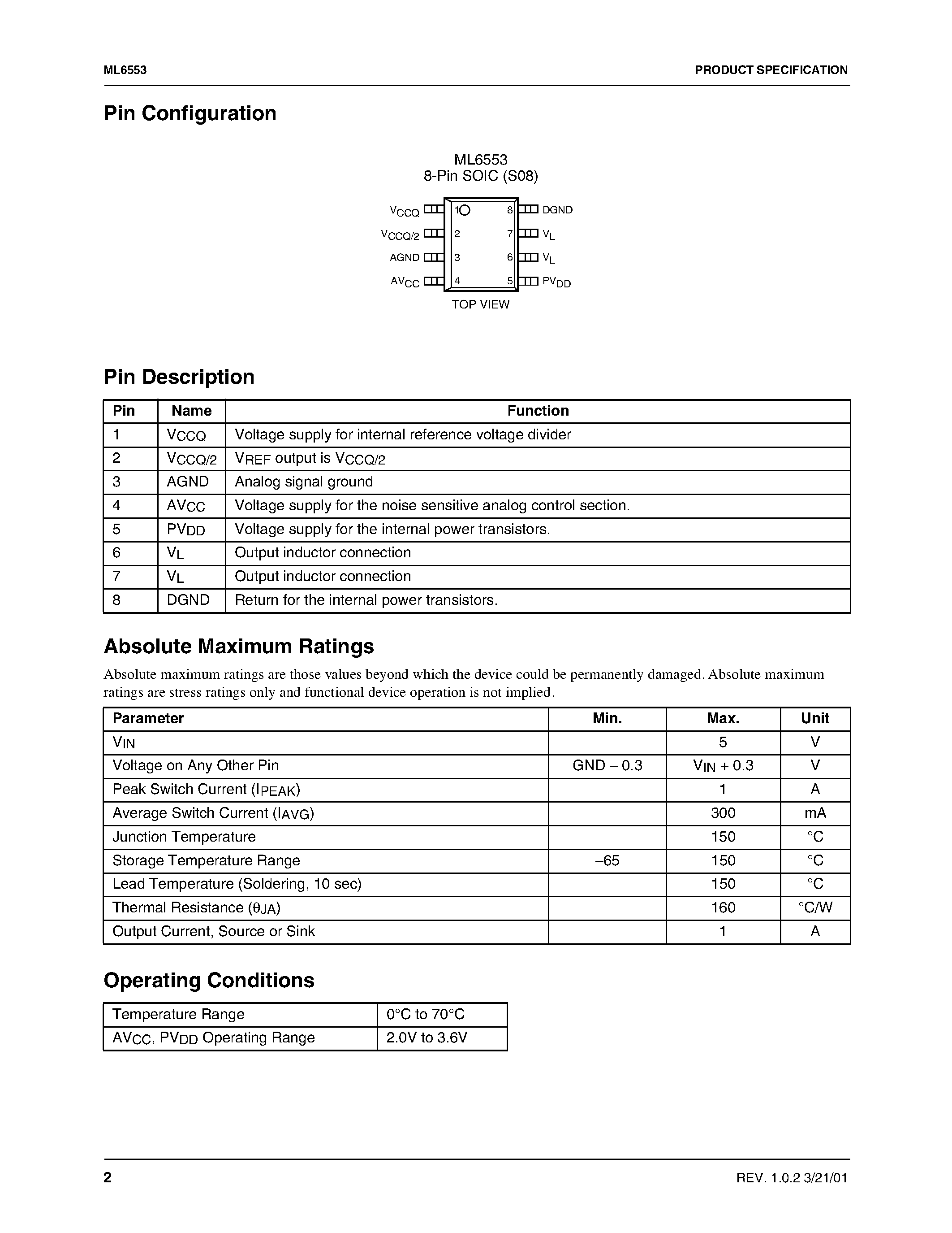Datasheet ML6553CS-1 - Bus Termination Regulator page 2
