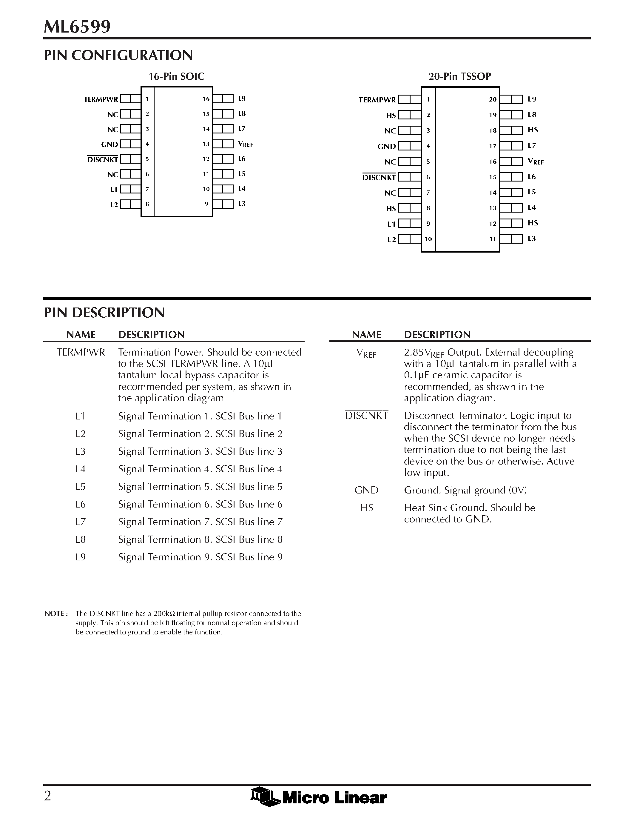 Даташит ML6599CS - Hot-Insertable Active SCSI Terminator страница 2