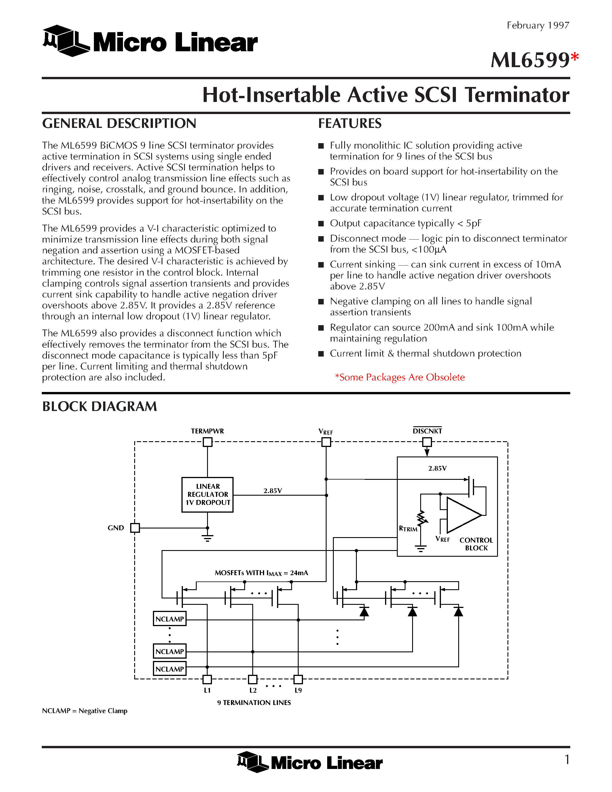 Даташит ML6599CT - Hot-Insertable Active SCSI Terminator страница 1