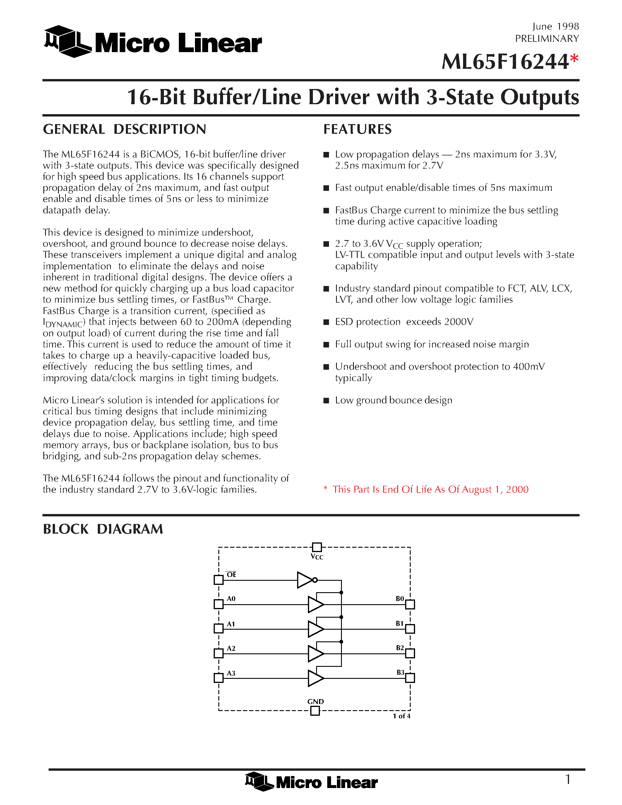 Datasheet ML65F16244CR - 16-Bit Buffer/Line Driver with 3-State Outputs page 1