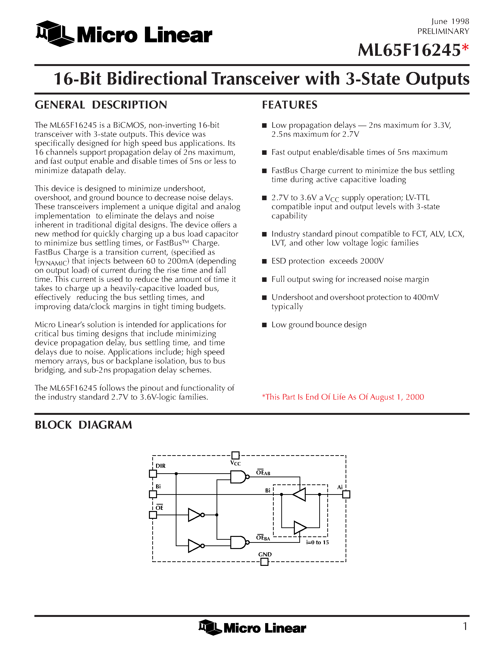 Datasheet ML65F16245CT - 16-Bit Bidirectional Transceiver with 3-State Outputs page 1