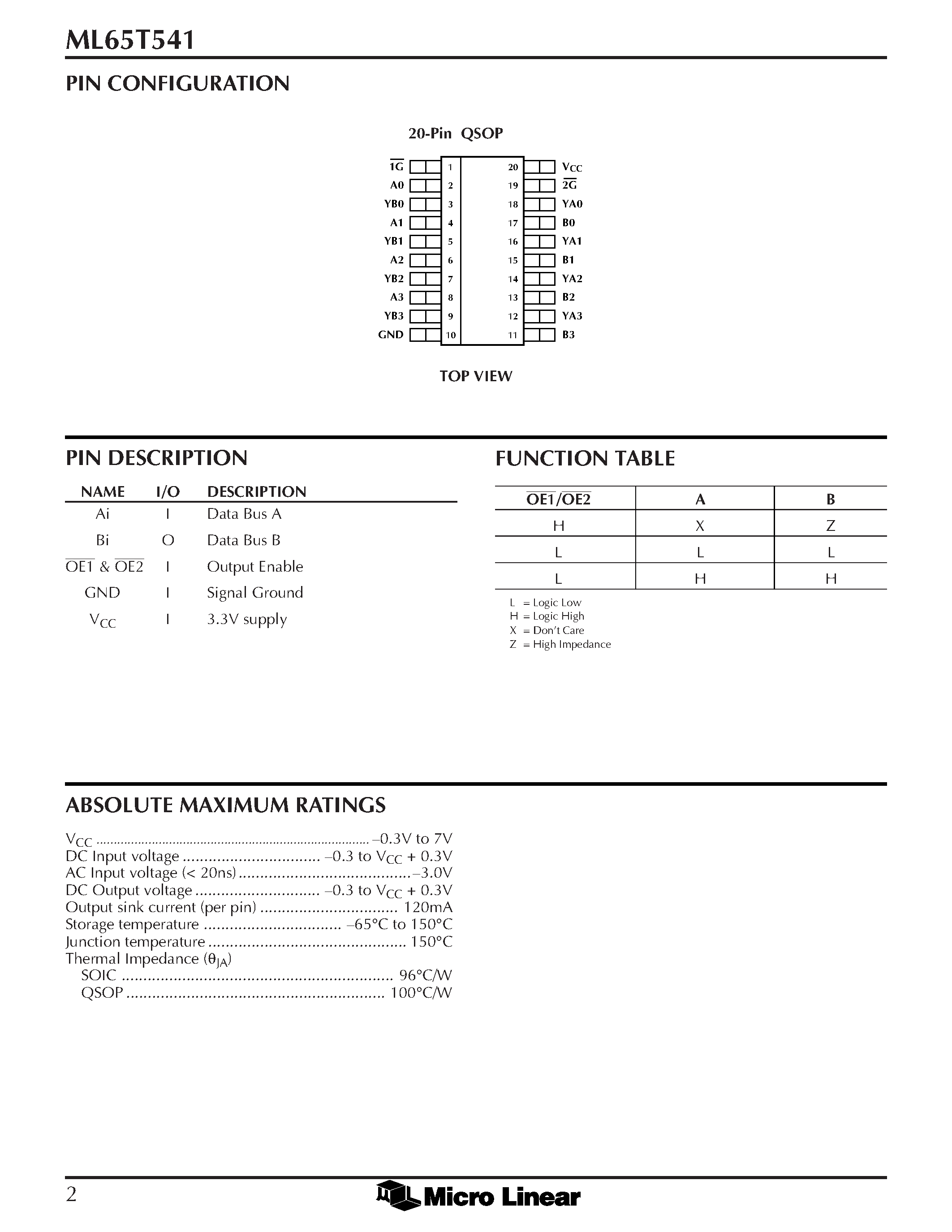 Datasheet ML65T541 - 3.3V High Speed Octal Buffer/Line Driver page 2