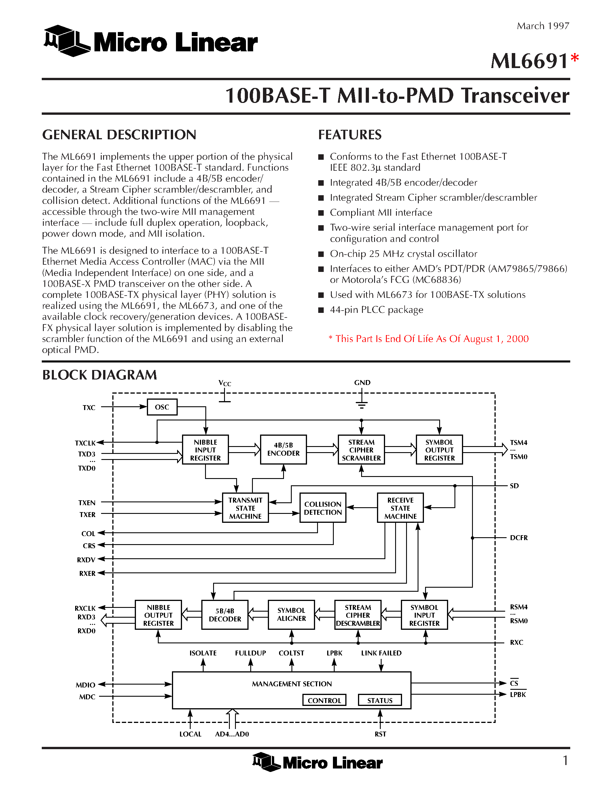 Даташит ML6691 - 100BASE-T MII-to-PMD Transceiver страница 1
