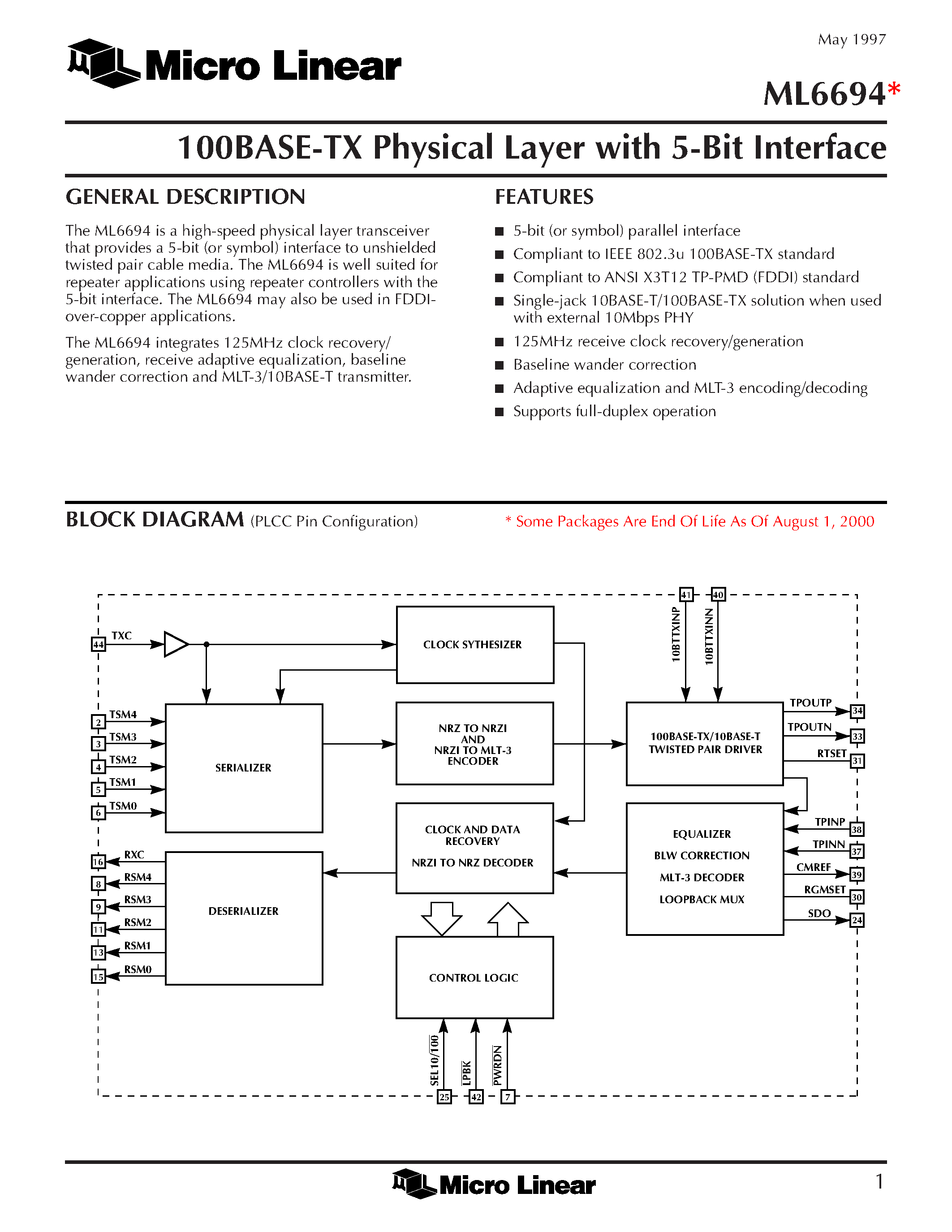 Datasheet ML6694 - 100BASE-TX Physical Layer with 5-Bit Interface page 1