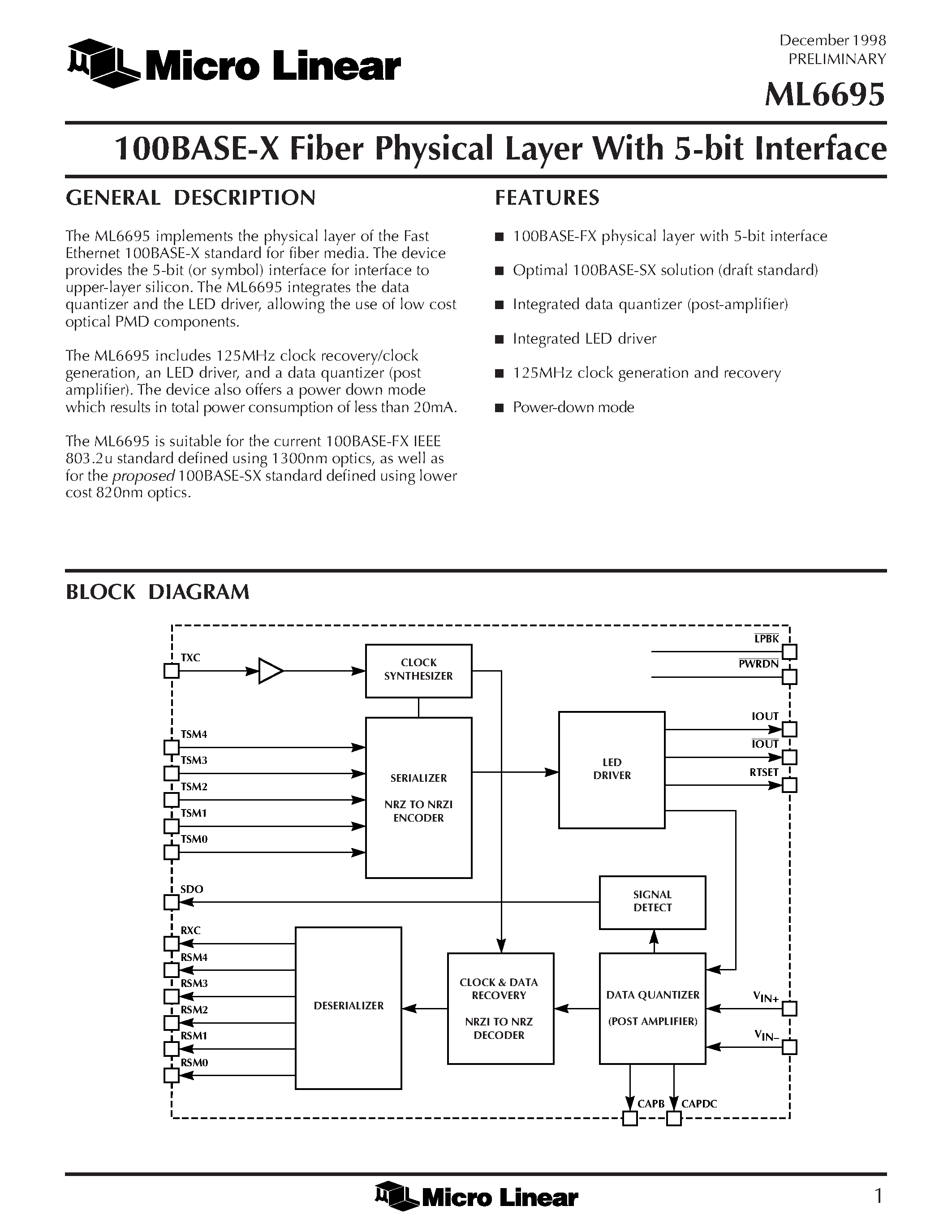 Datasheet ML6695 - 100BASE-X Fiber Physical Layer With 5-bit Interface page 1