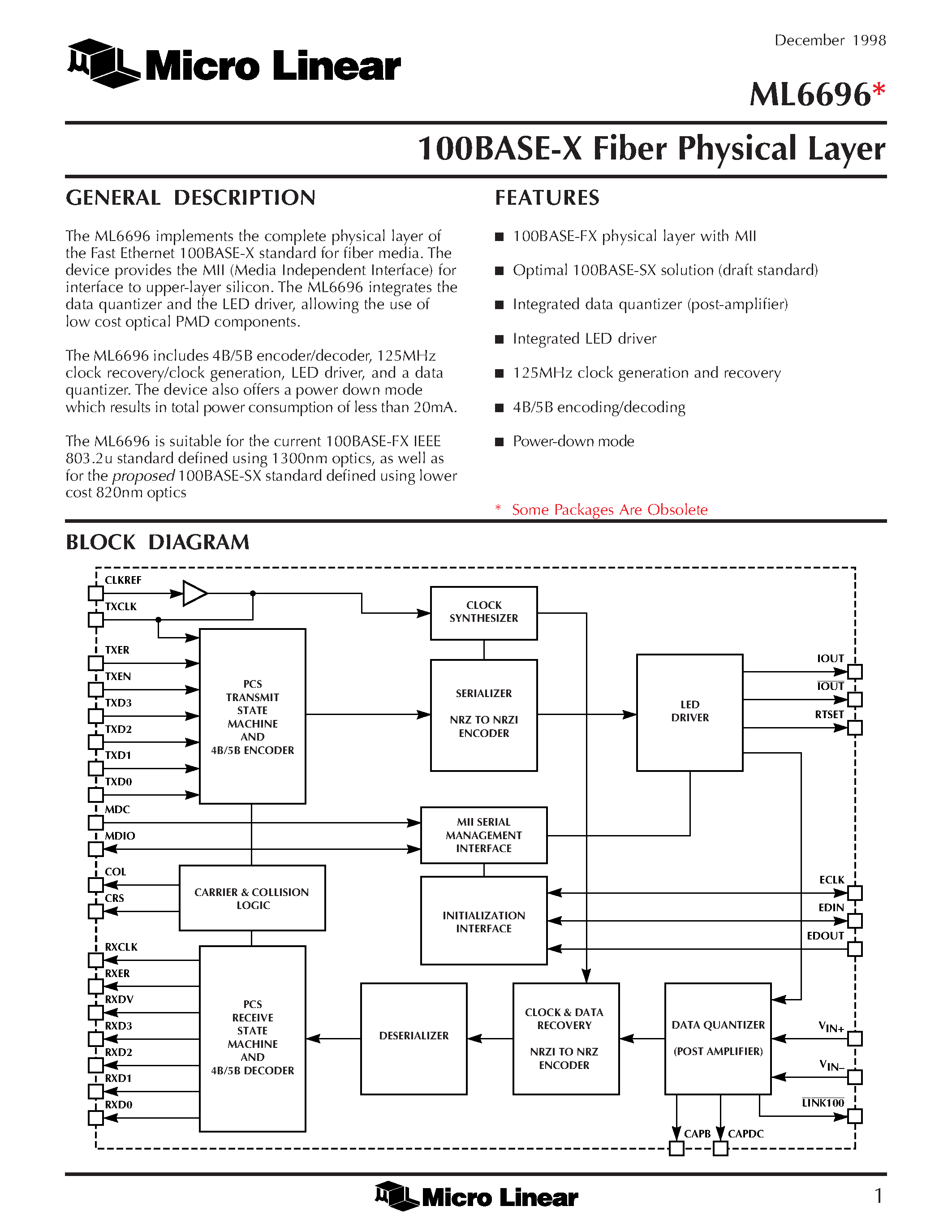 Datasheet ML6696CH - 100BASE-X Fiber Physical Layer page 1