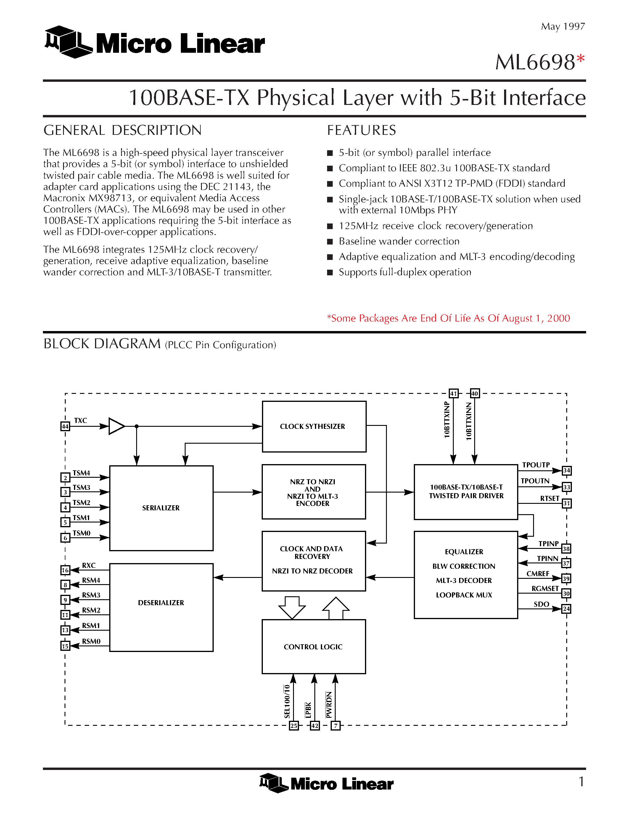 Datasheet ML6698CH - 100BASE-TX Physical Layer with 5-Bit Interface page 1