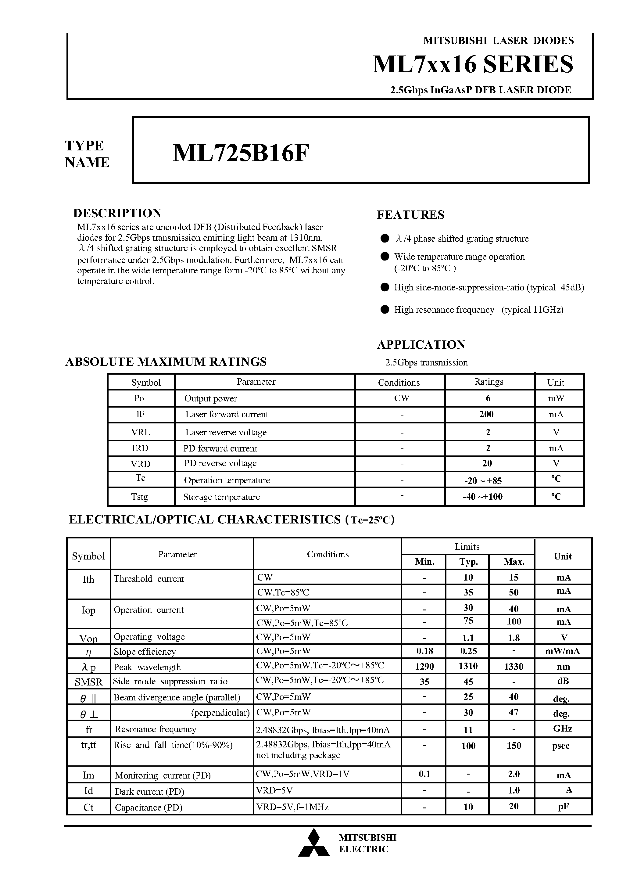 Datasheet ML725B16F - 2.5Gbps InGaAsP DFB LASER DIODE page 1