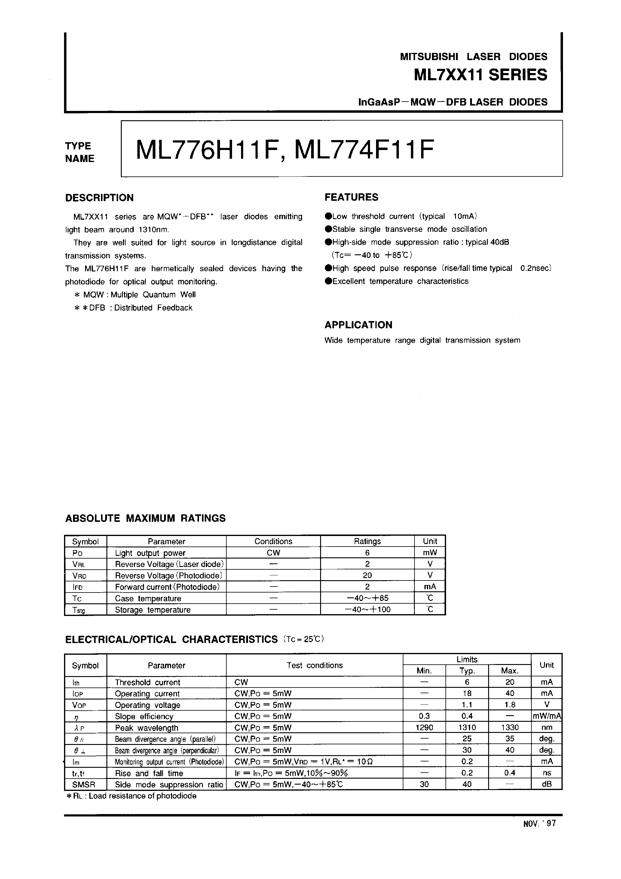 Даташит ML776H11F - InGaAsP-MQW-DFB LASER DIODES страница 1