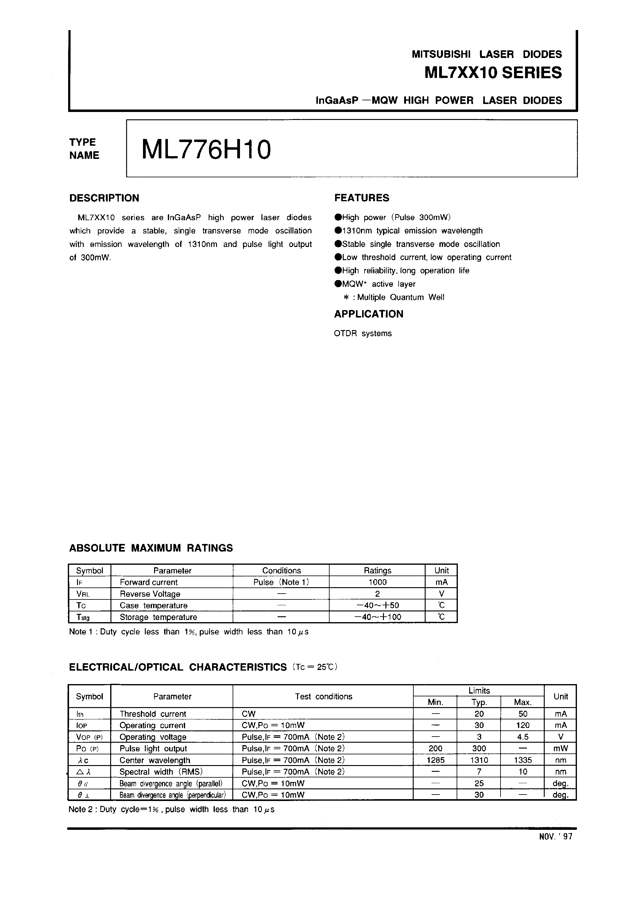 Даташит на микросхему ML7XX10 страница 1 Даташит ML7XX10 - InGaAsP-MQW HIGH POWER LASER DIODES страница 1