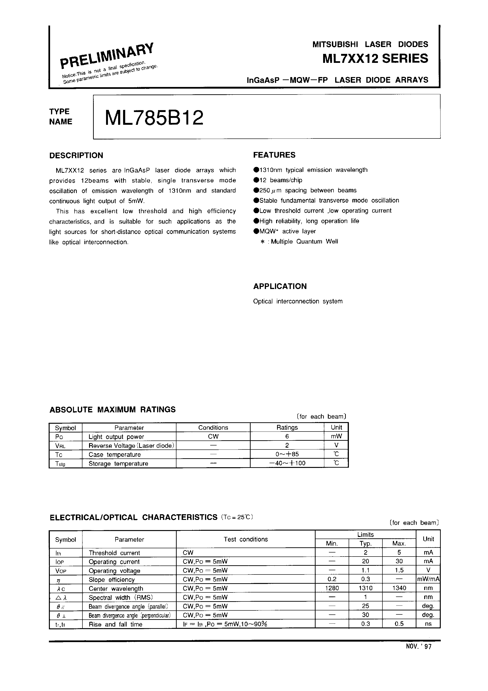 Даташит на микросхему ML7XX12 страница 1 Даташит ML7XX12 - InGaAsP-MQW-FP LASER DIODES ARRATS страница 1