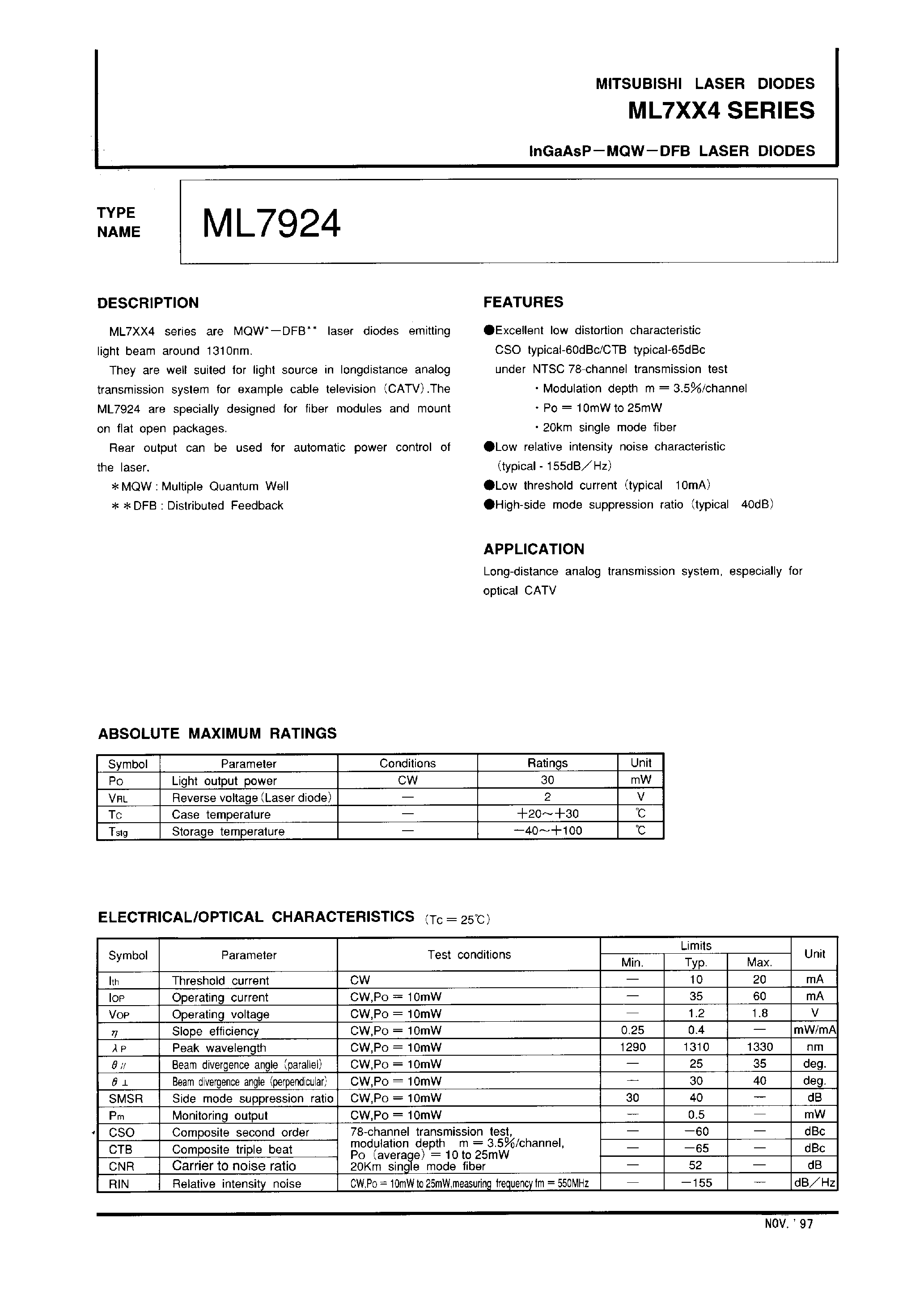 Даташит ML7XX4 - InGaAsP-MQW-DFB LASER DIODES страница 1
