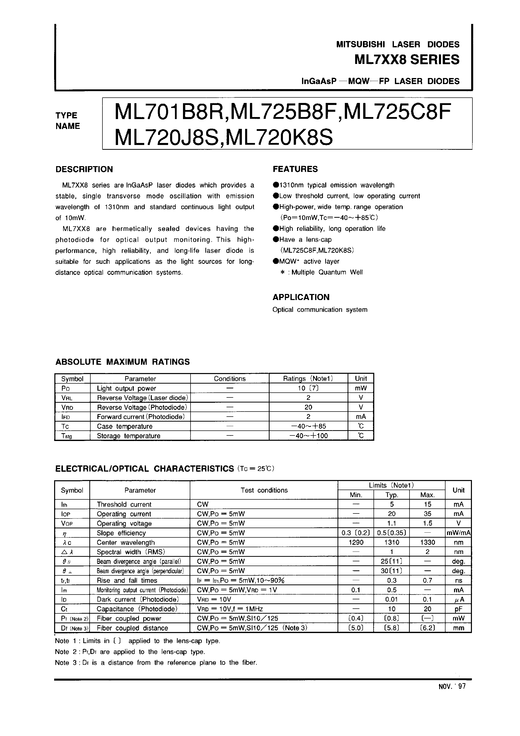 Даташит на микросхему ML7XX8 страница 1 Даташит ML7XX8 - InGaAsP-MQW-FP LASER DIODES страница 1