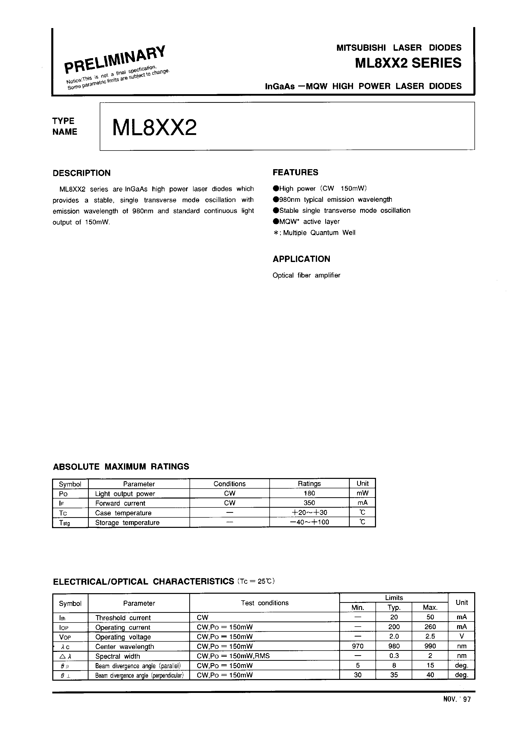 Даташит ML8XX2 - InGaAsP-MQW HIGH POWER LASER DIODES страница 1