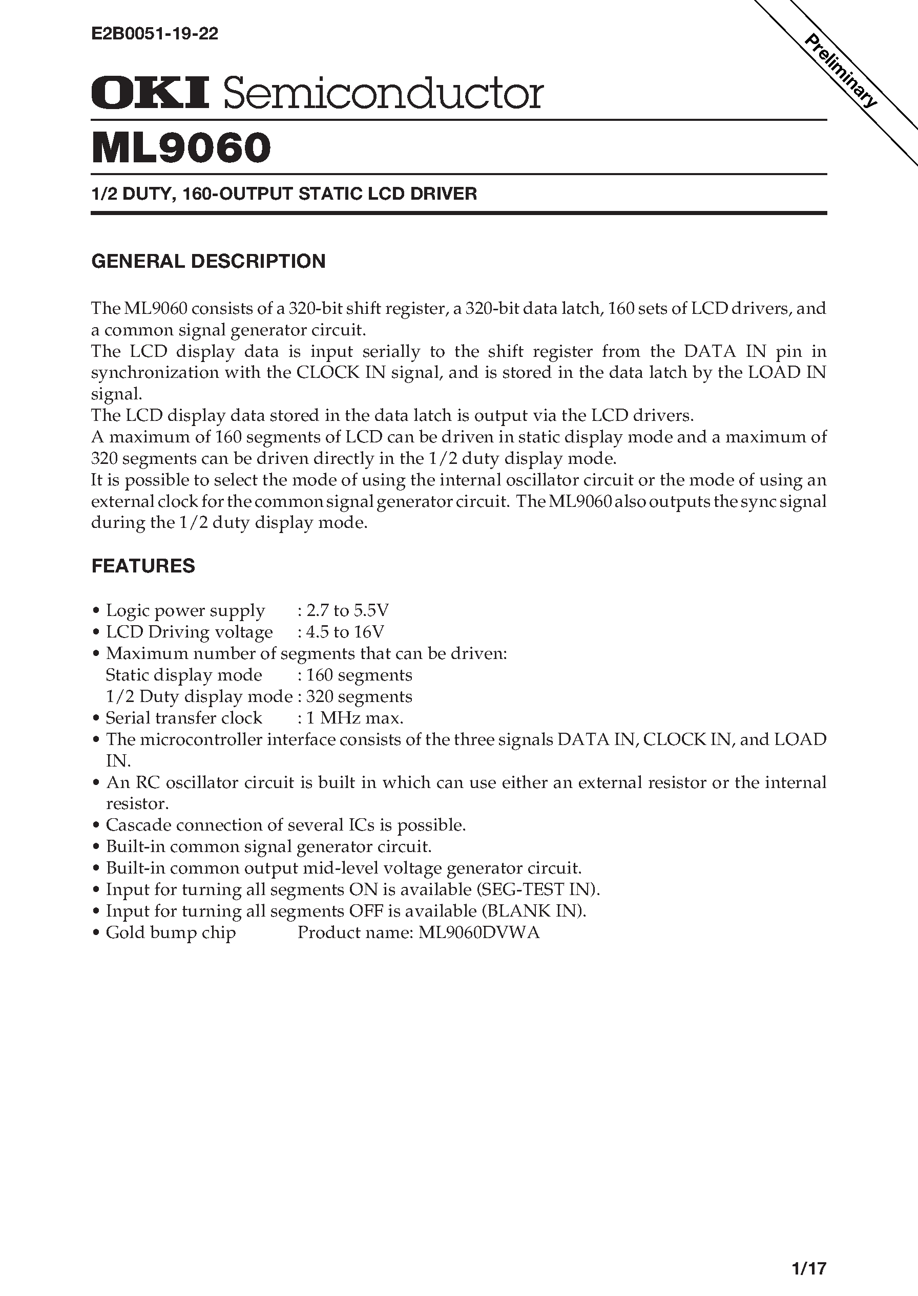 Datasheet ML9060 - 1/2 DUTY / 160-OUTPUT STATIC LCD DRIVER page 1