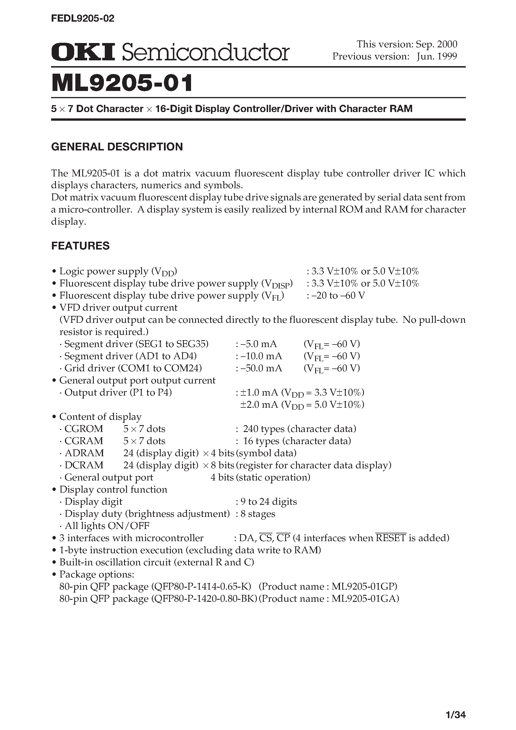 Даташит ML9205-01 - 5 x 7 Dot Character x 16-Digit Display Controller/Driver with Character RAM страница 1