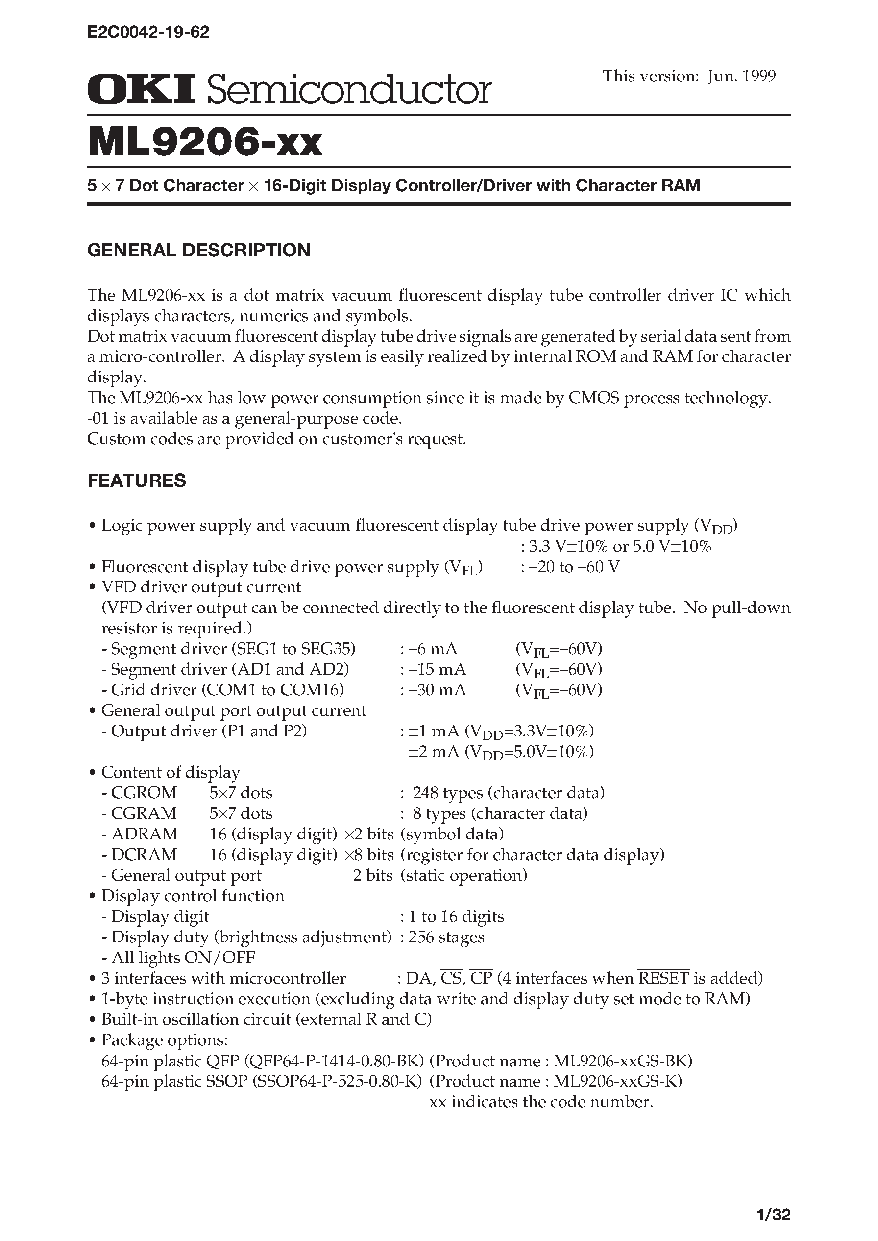 Даташит ML9206 - 5 x 7 Dot Character x 16-Digit Display Controller/Driver with Character RAM страница 1