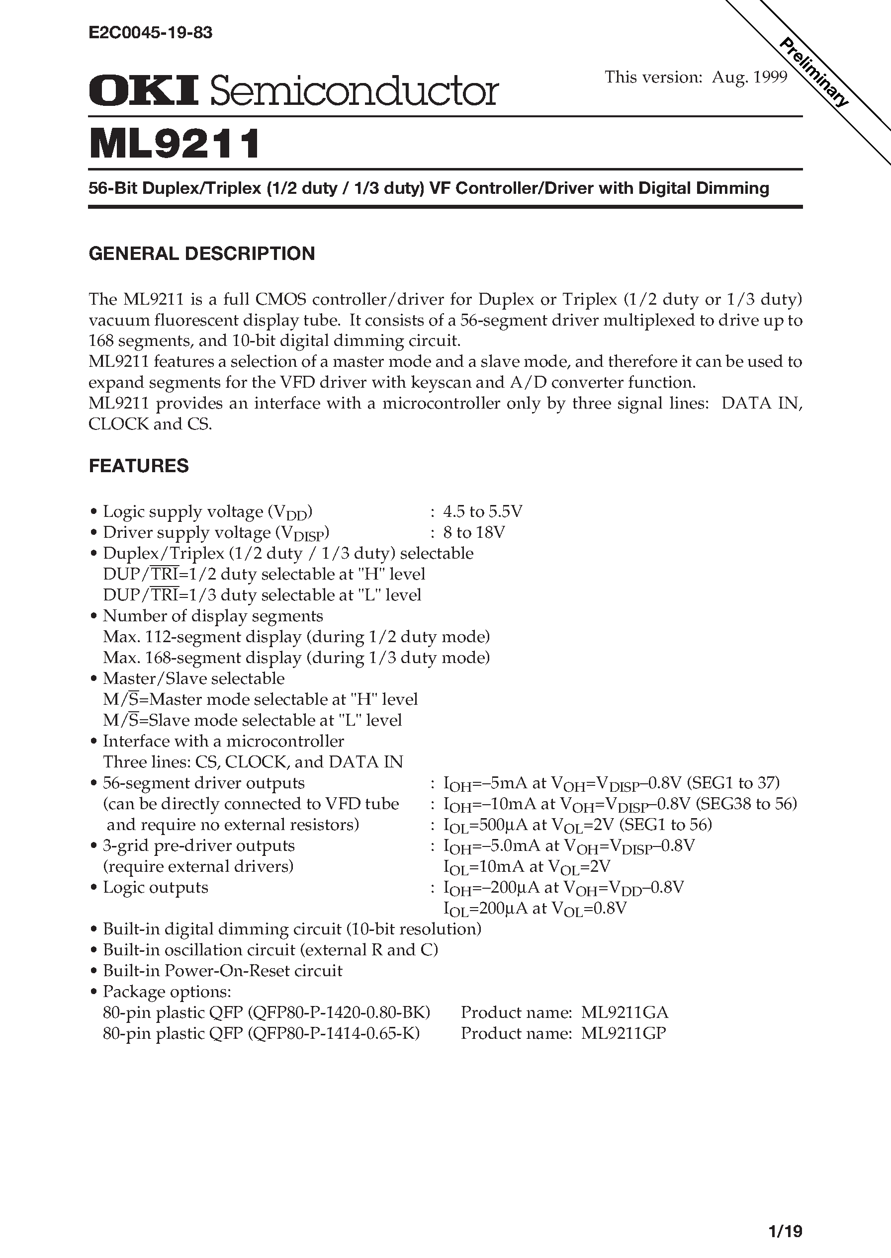 Datasheet ML9211 - 56-Bit Duplex/Triplex (1/2 duty / 1/3 duty) VF Controller/Driver with Digital Dimming page 1