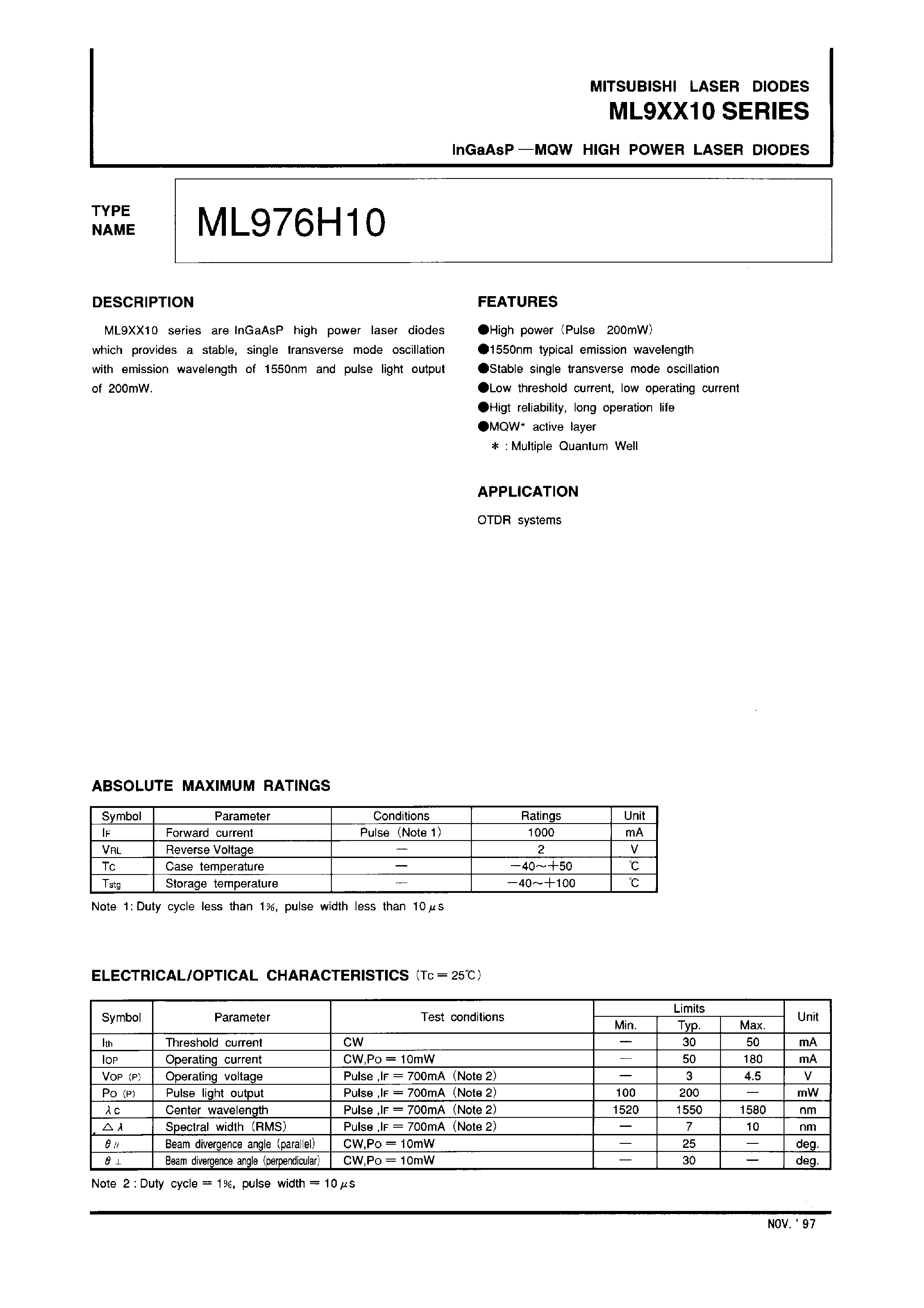 Даташит на микросхему ML976H10 страница 1 Даташит ML976H10 - InGaAsP-MQW HIGH POWER LASER DIODES страница 1
