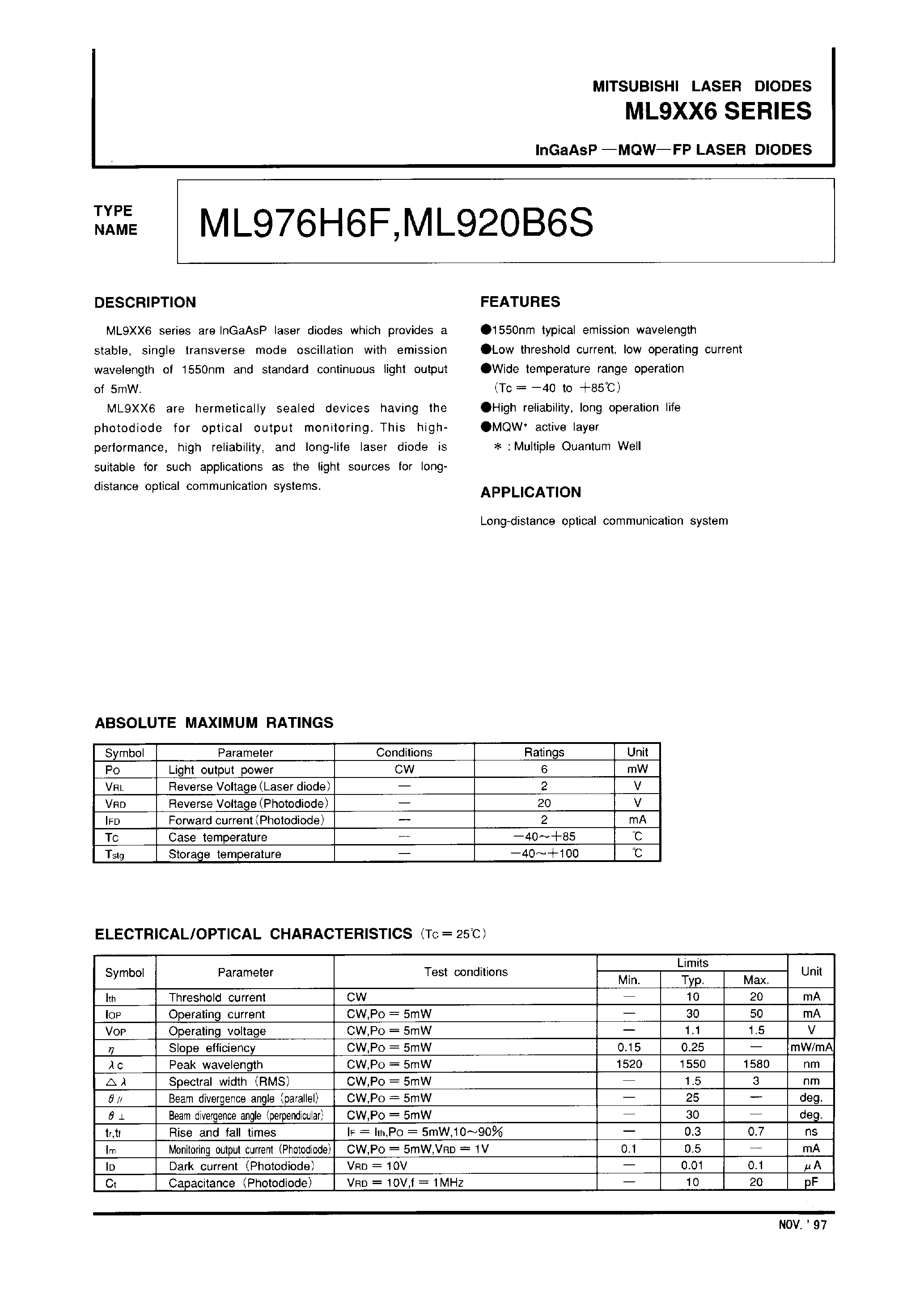 Даташит на микросхему ML976H6F страница 1 Даташит ML976H6F - InGaAsP-MQW-FP LASER DIODES страница 1