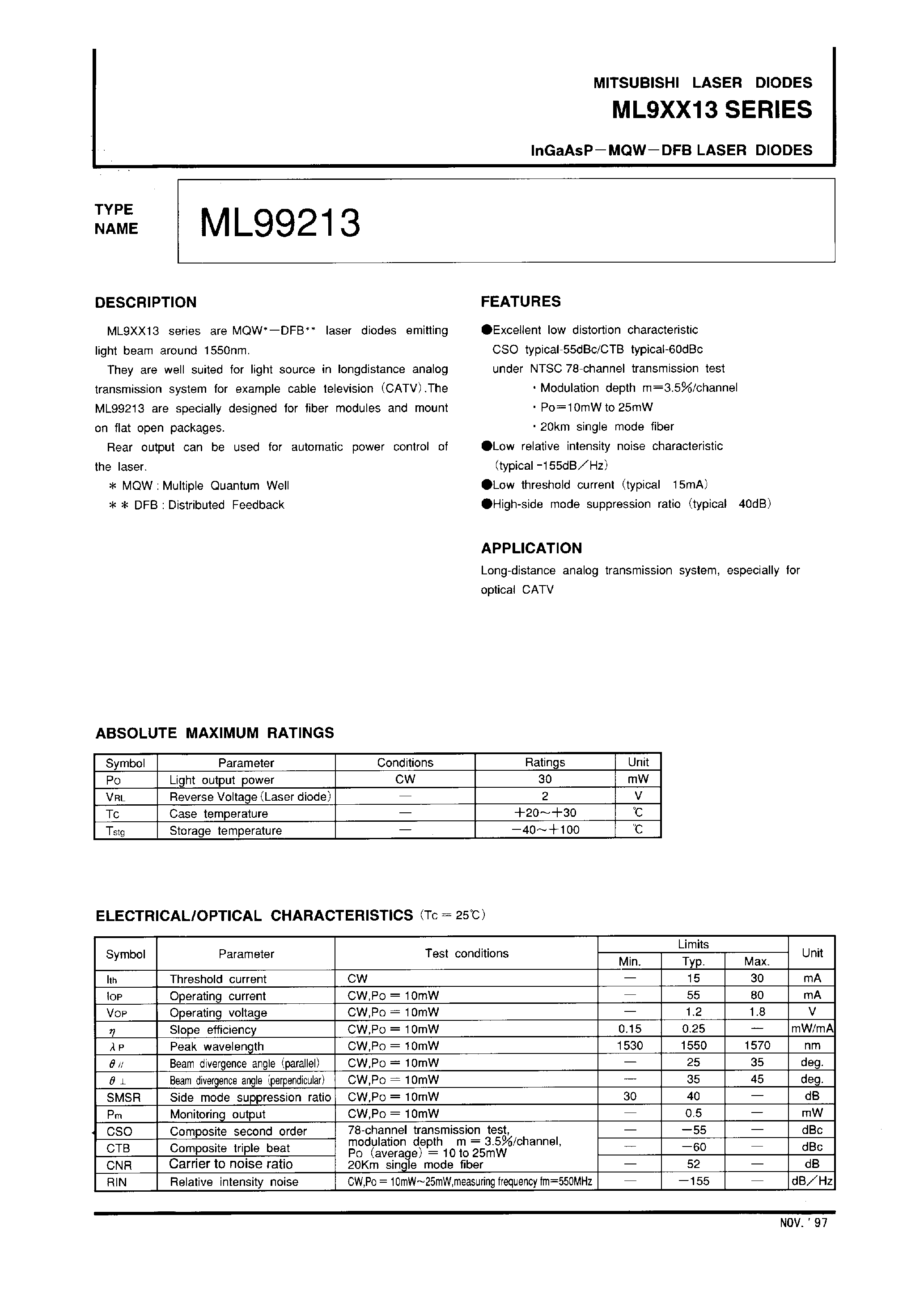 Даташит на микросхему ML99213 страница 1 Даташит ML99213 - InGaAsP-MQW-DFP LASER DIODES страница 1