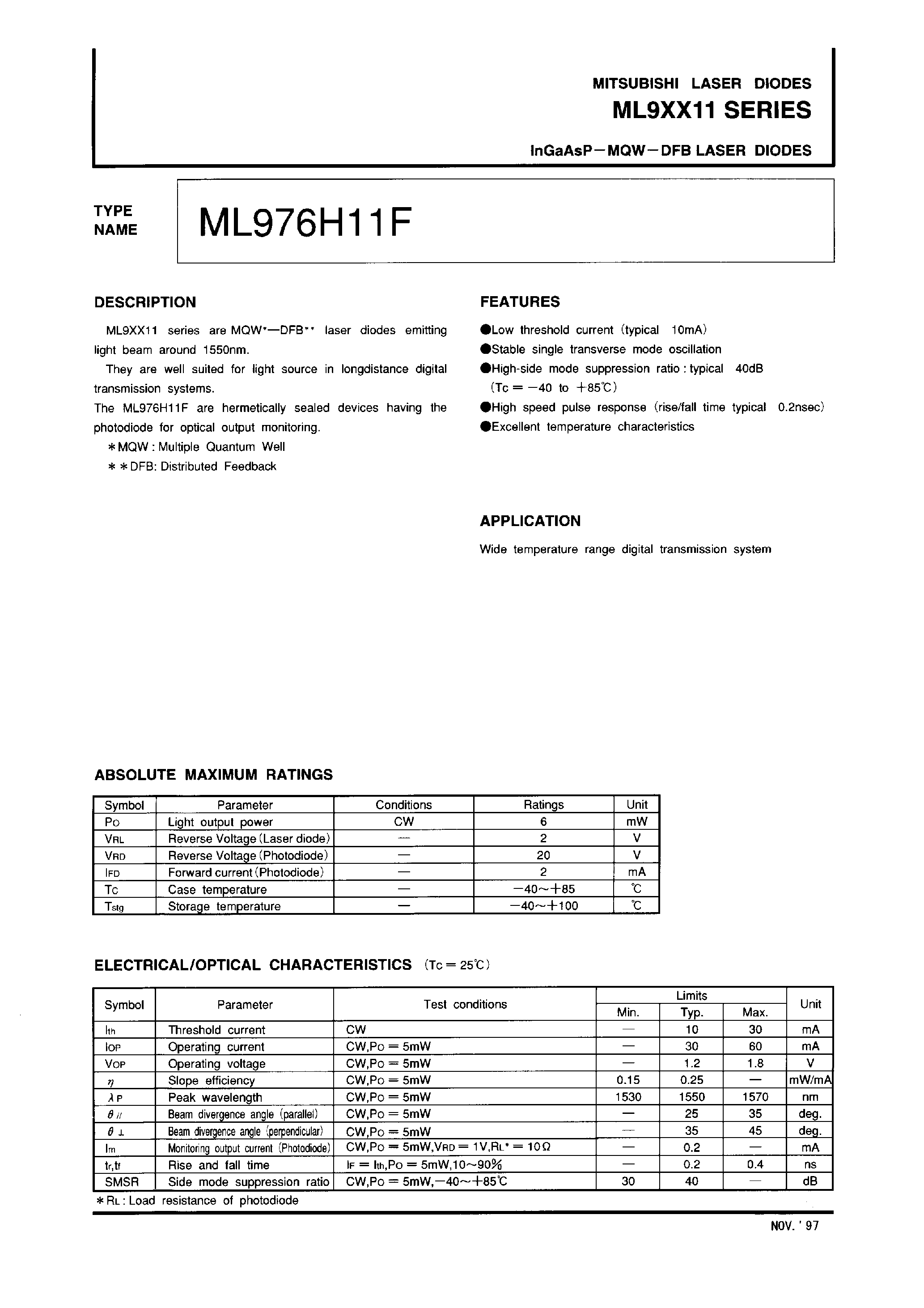 Даташит на микросхему ML9XX11 страница 1 Даташит ML9XX11 - InGaAsP-MQW-DFB LASER DIODES страница 1