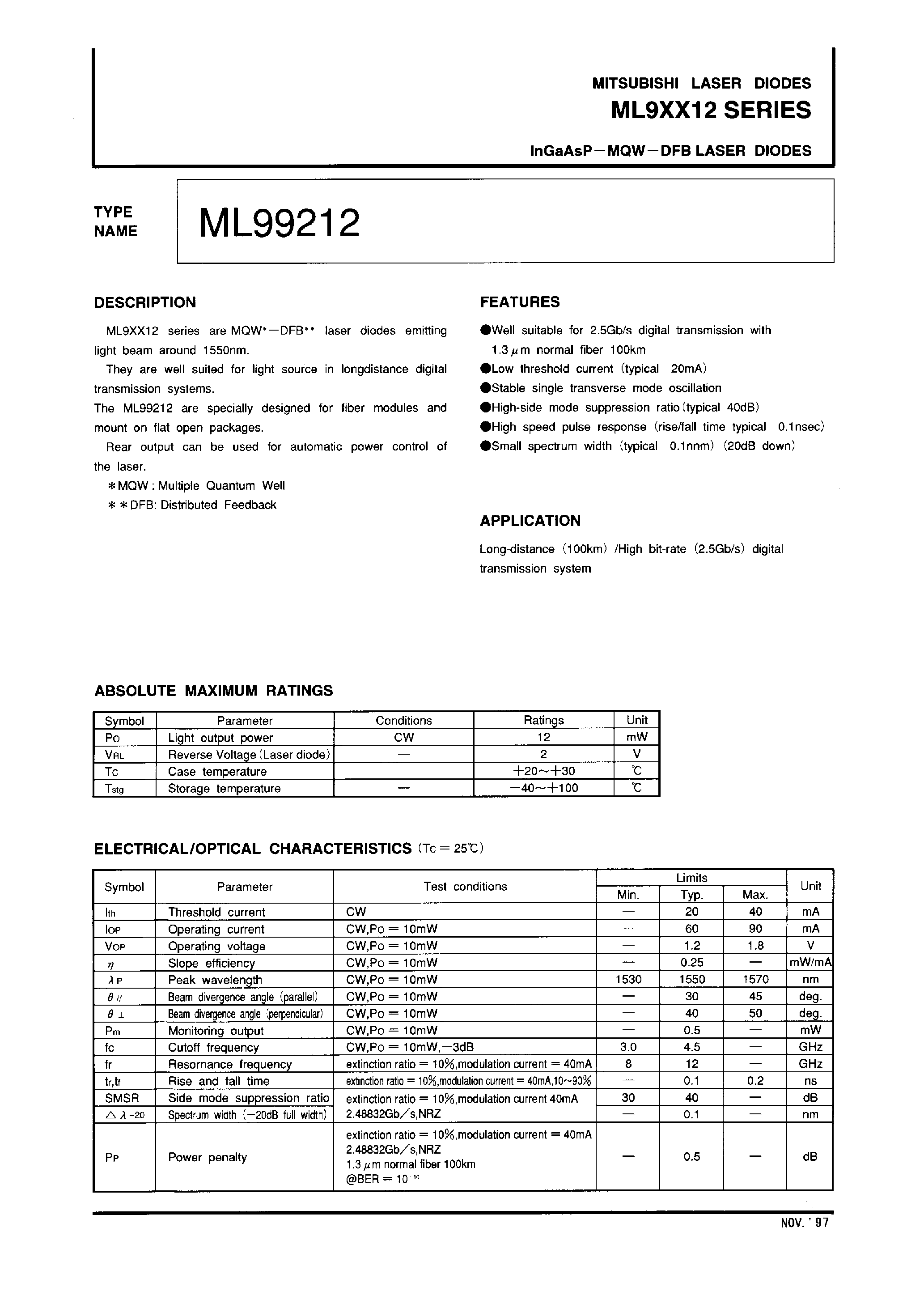 Даташит на микросхему ML9XX12 страница 1 Даташит ML9XX12 - InGaAsP-MQW-DFB LASER DIODES страница 1