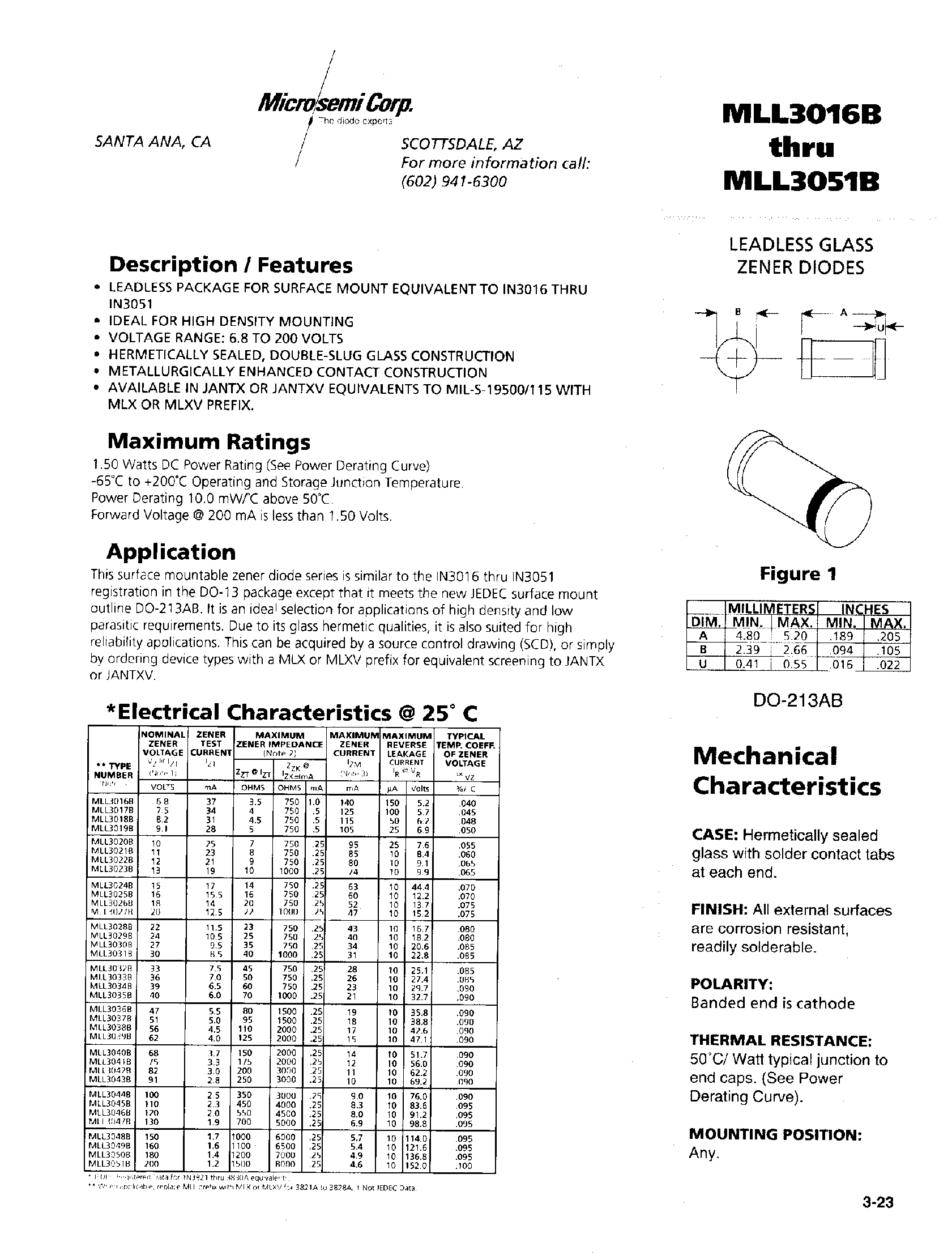 Даташит MLL3047B - LEADLESS GLASS ZENER DIODES страница 1