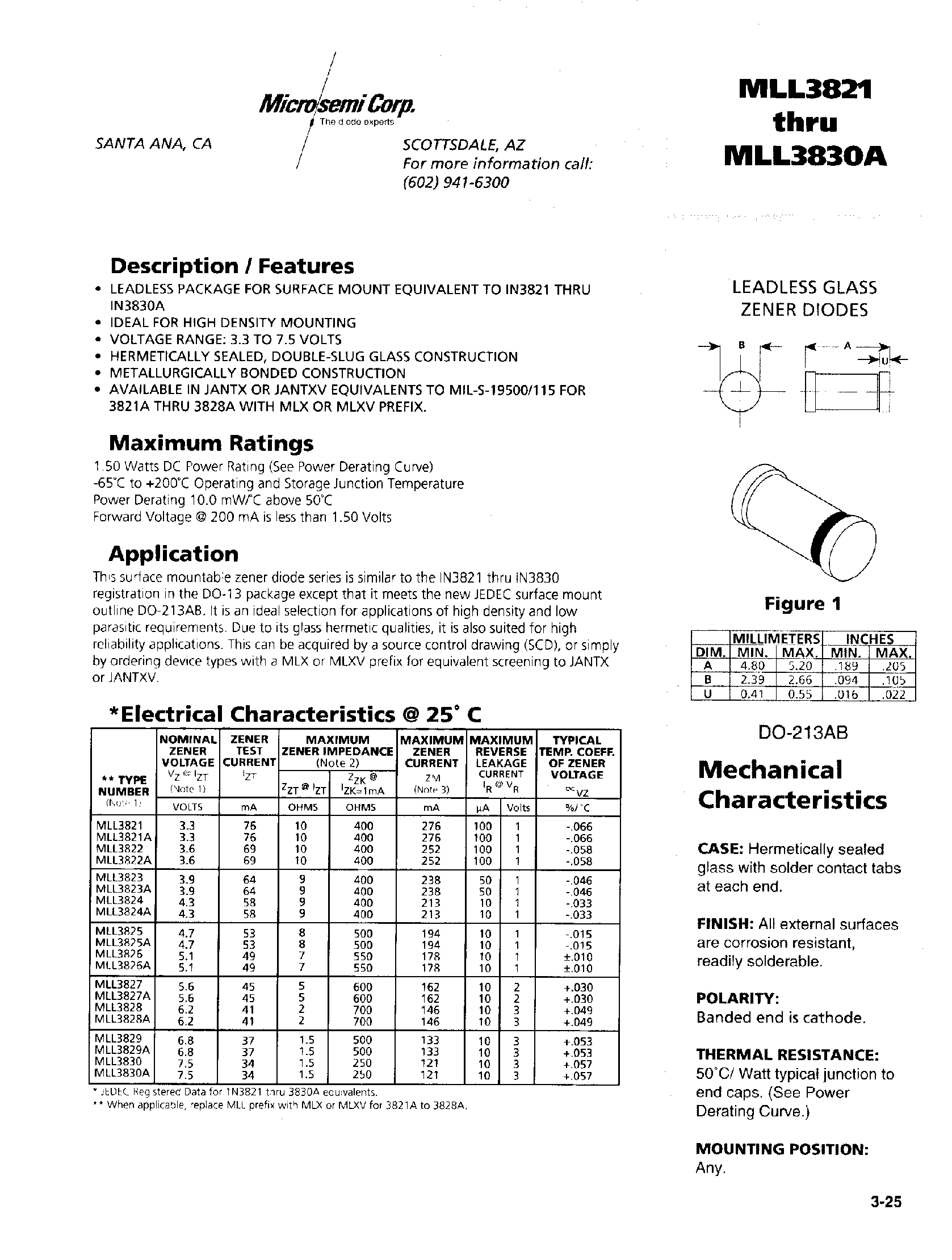 Даташит на микросхему MLL3828A страница 1 Даташит MLL3828A - LEADLESS GLASS ZENER DIODES страница 1