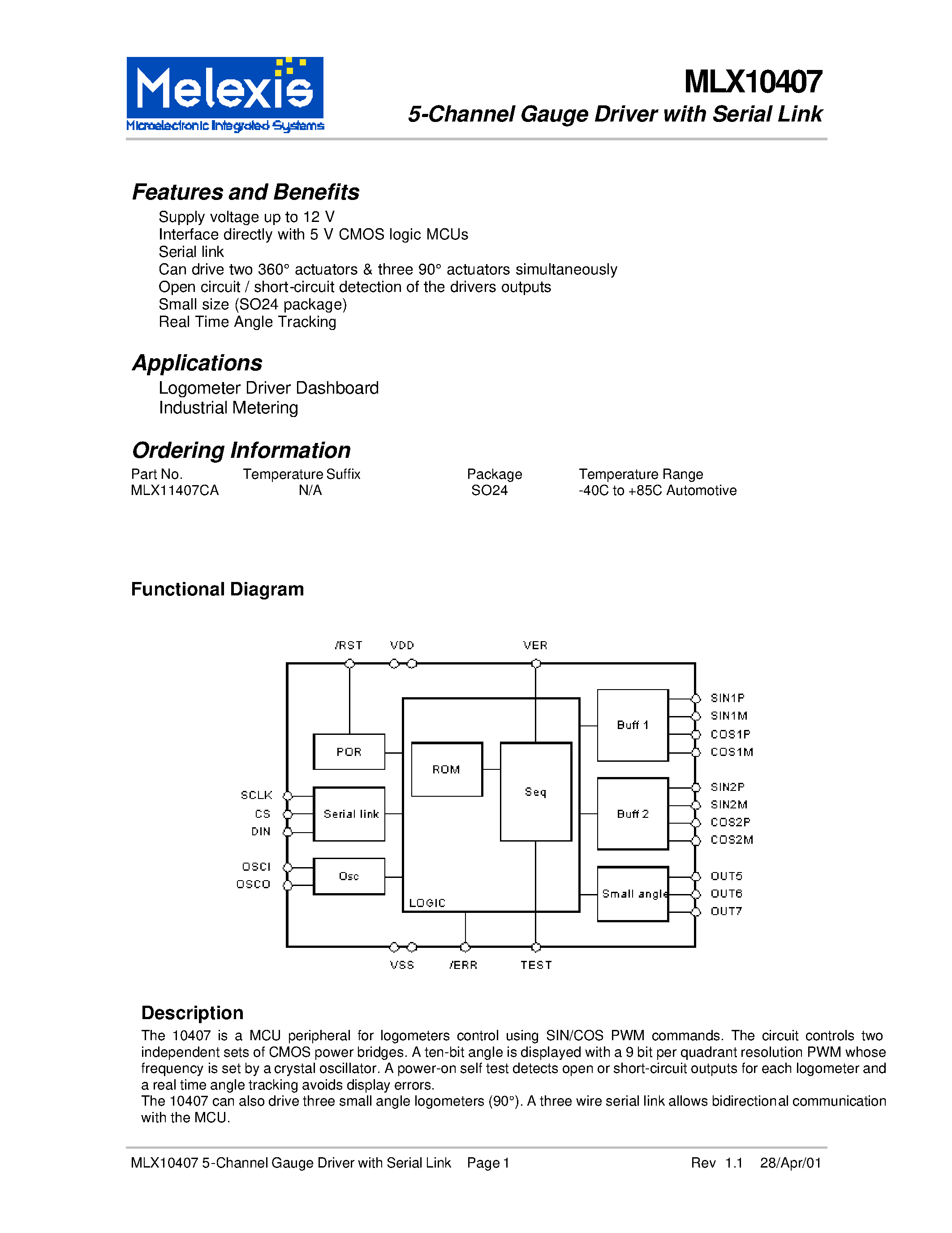 Datasheet MLX10407 - 5-Channel Gauge Driver with Serial Link page 1