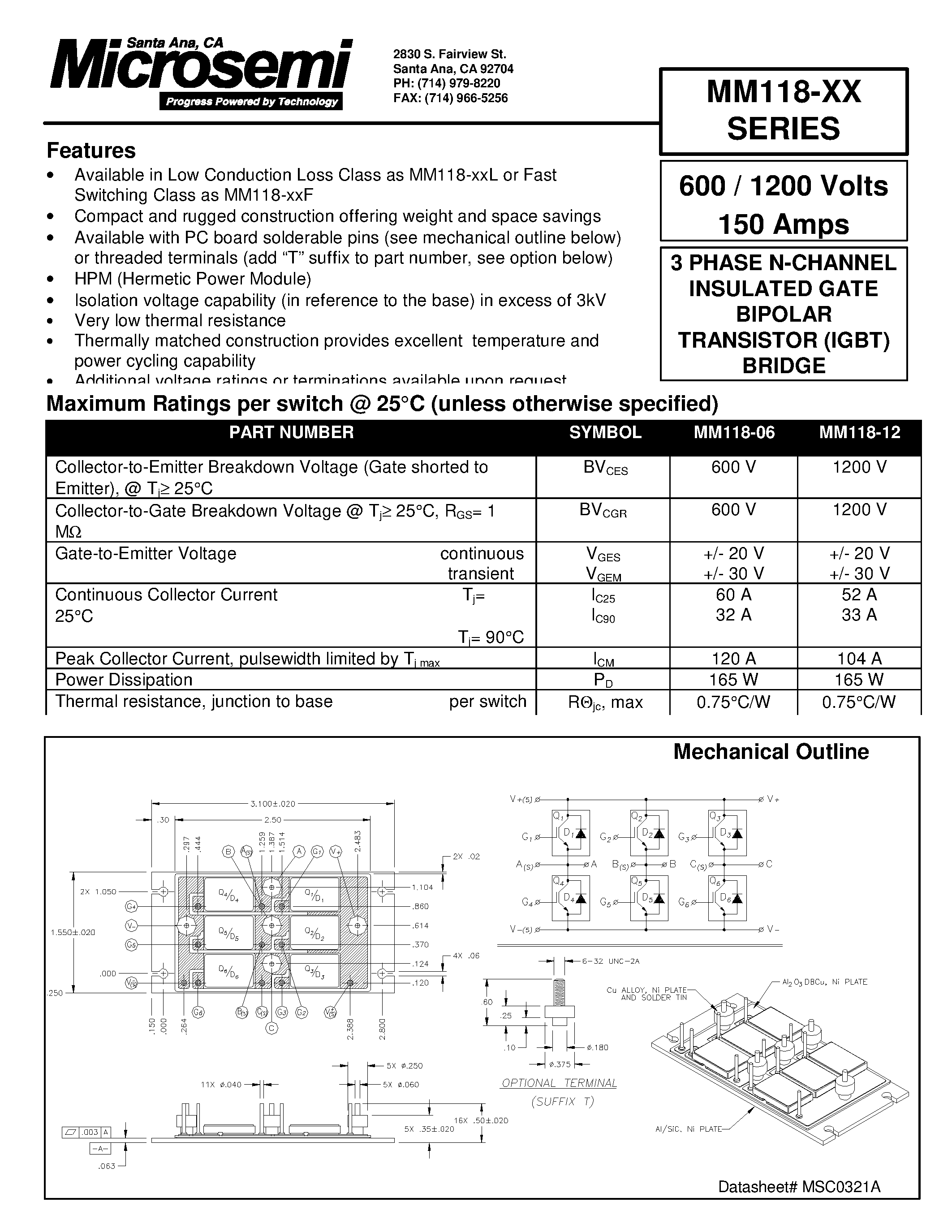 Datasheet MM118-XX - 3 PHASE N-CHANNEL INSULATED GATE BIPOLAR TRANSISTOR IGBT BRIDGE page 1
