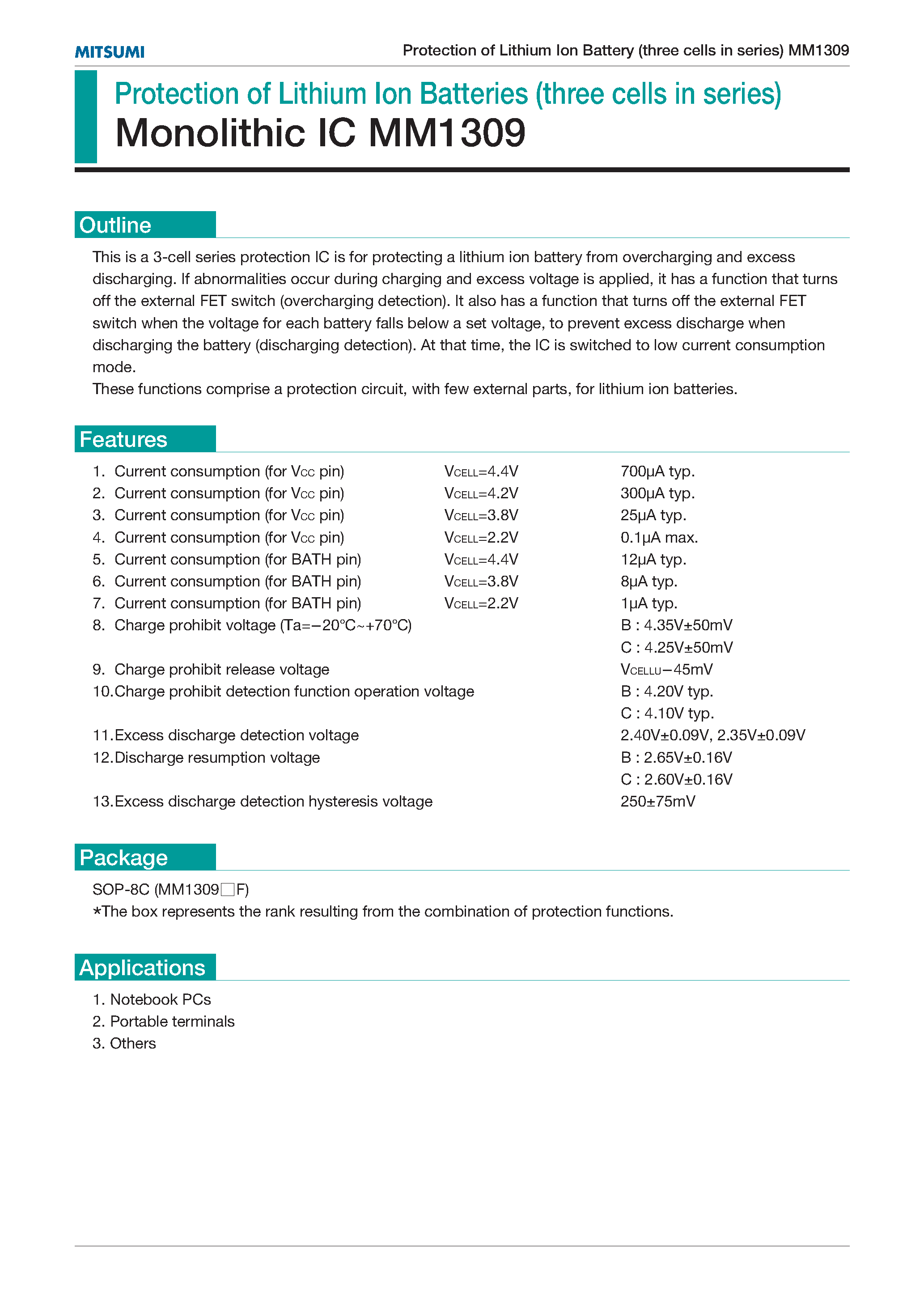 Datasheet MM1309CF - Protection of Lithium Ion Batteries (three cells in series) page 1