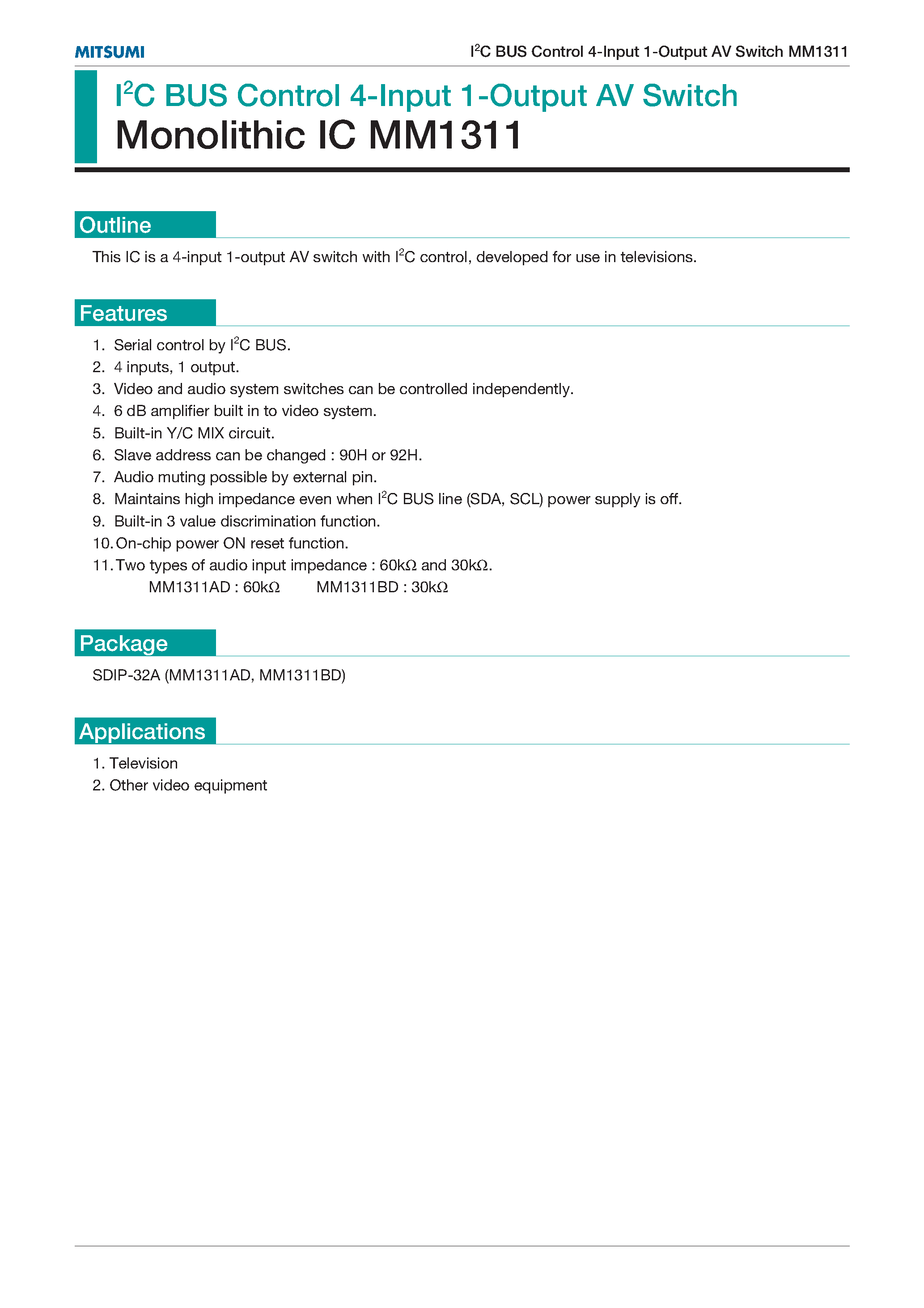 Даташит MM1311 - I2C BUS Control 4-Input 1-Output AV Switch Monolithic IC MM1311 страница 1