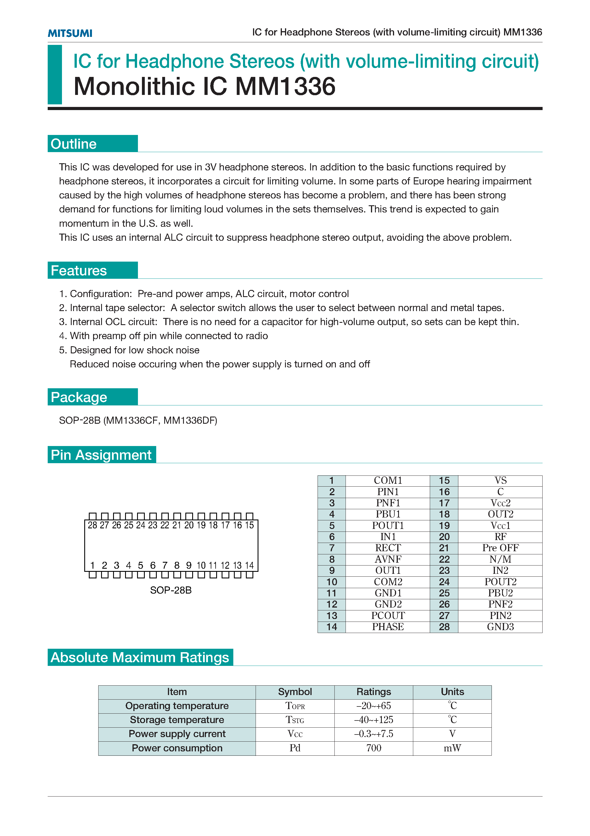 Даташит MM1336 - IC for Headphone Stereos (with volume-limiting circuit) Monolithic IC MM1336 страница 1