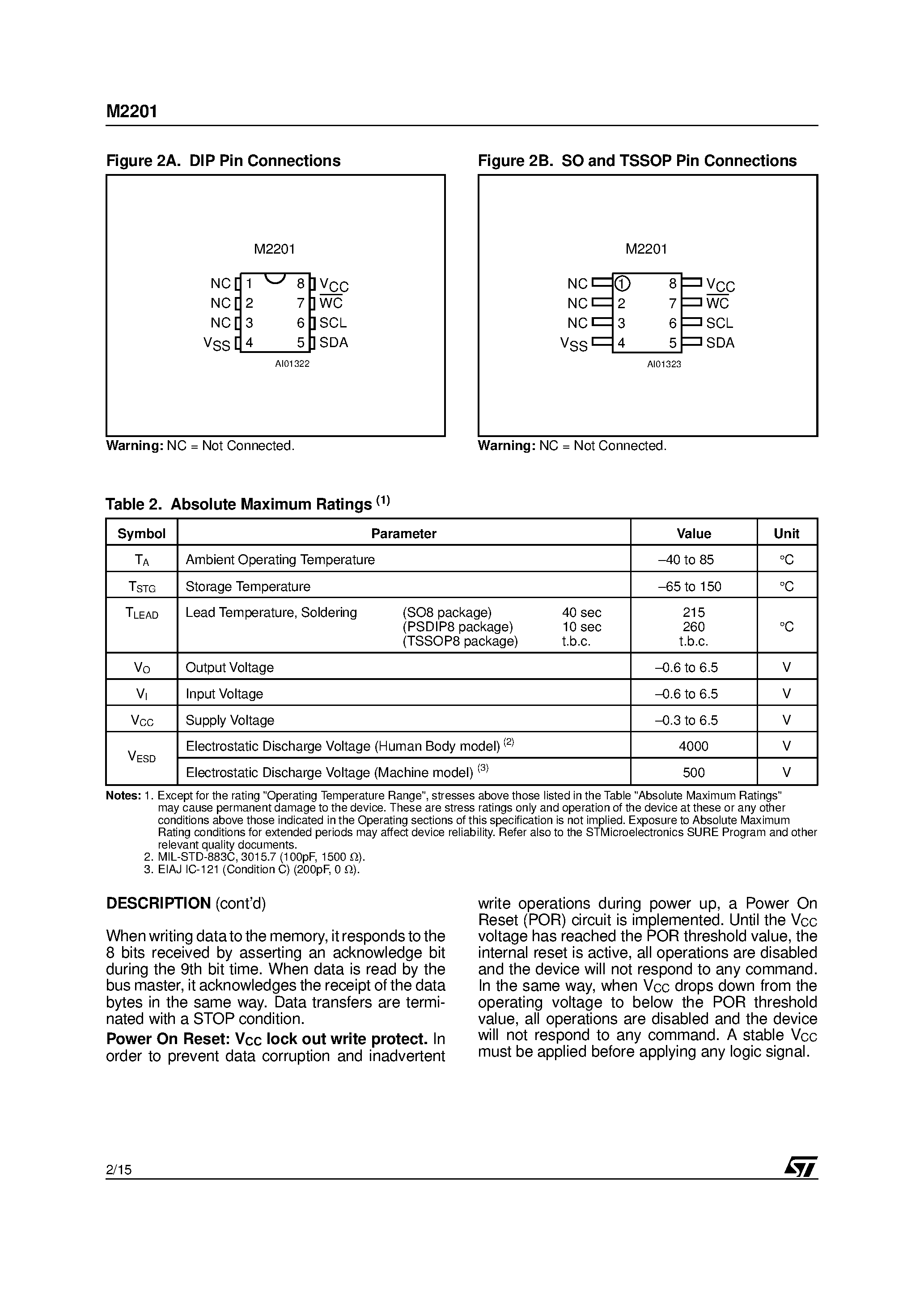 Даташит на микросхему MM2201DW6TR страница 2 Даташит MM2201DW6TR - 2-Wires 1 Kbit x8 Serial EEPROM страница 2
